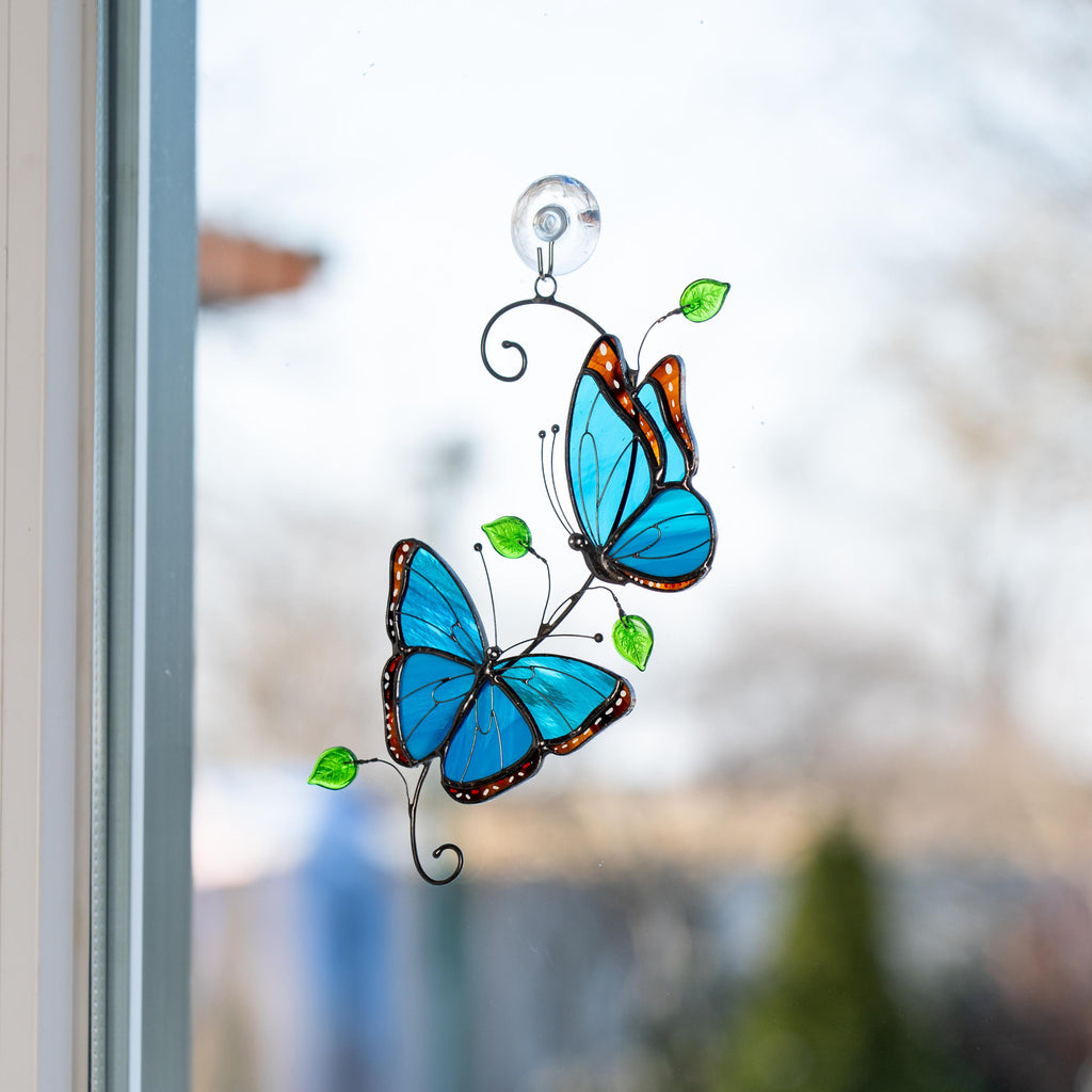 Blue Morpho butterfly stained glass window hangings Godmother gift Patio decor Yard art suncatcher