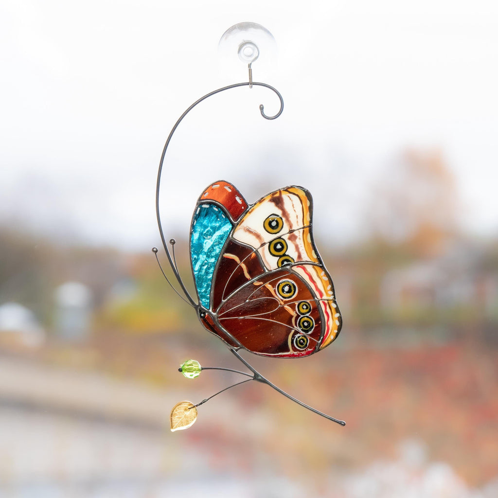 Stained glass butterfly garden art New mom gift Morpho butterfly Custom stained glass butterfly ornament Modern stained glass suncatcher