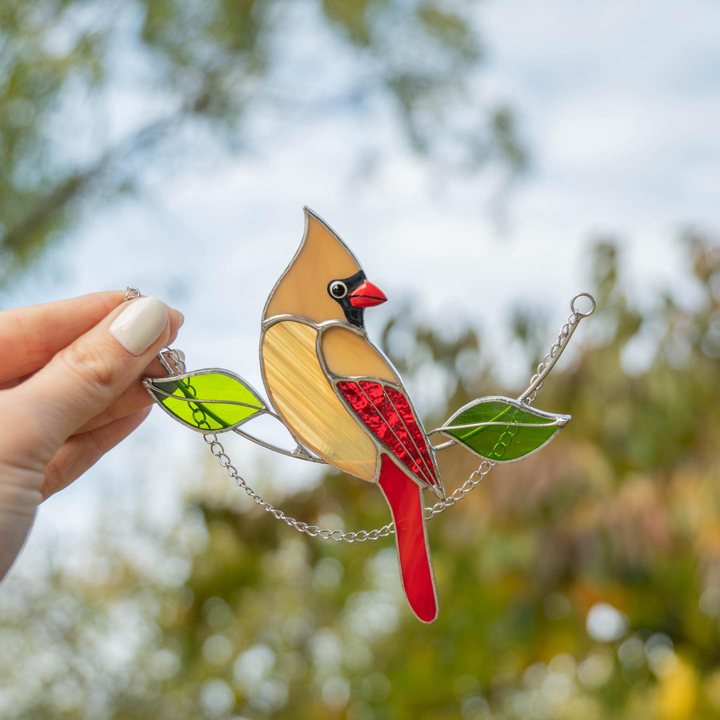 Stained glass cardinal bird Gift for dad Custom stained glass cardinal memorial ornament Stained glass window hangings Garden decoration