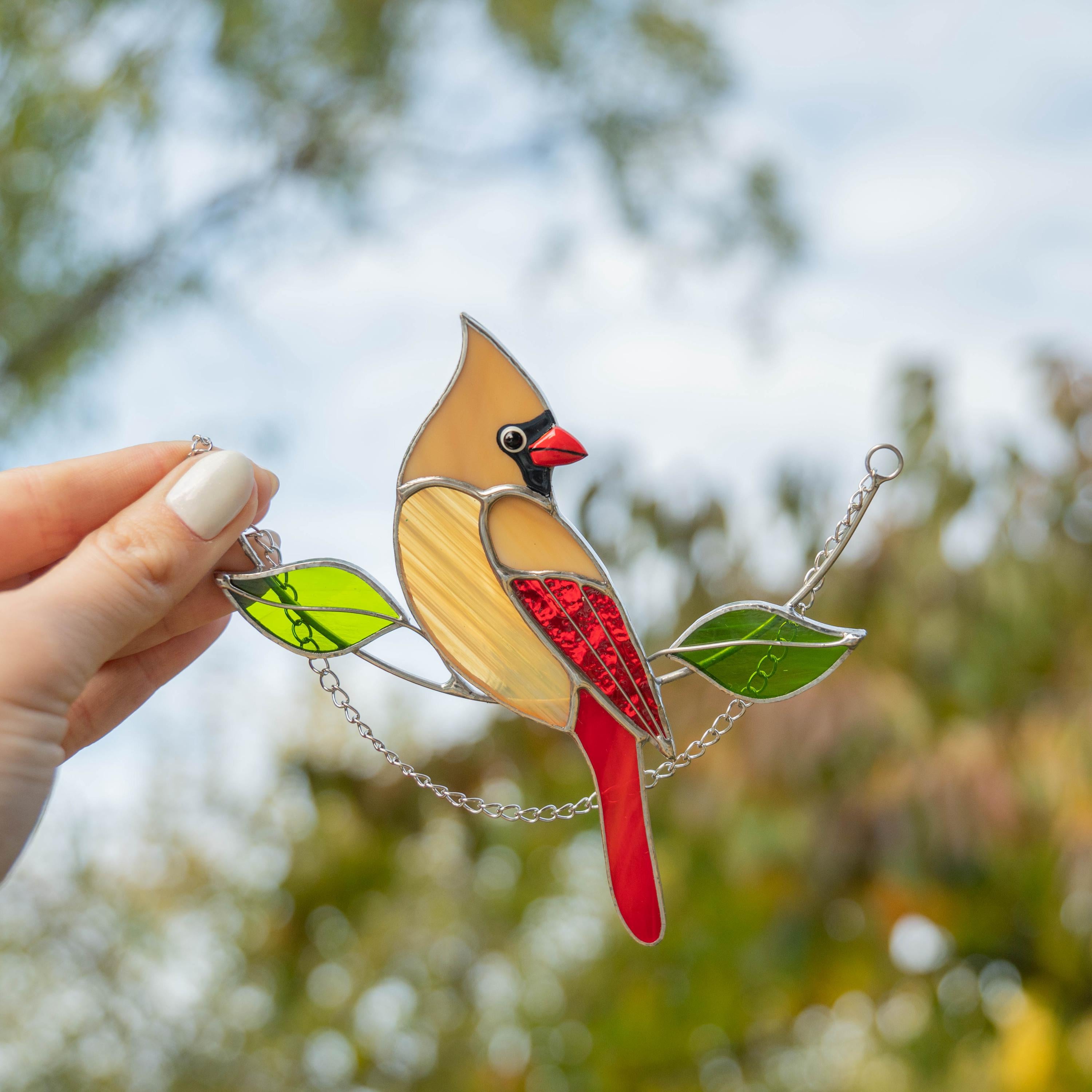 Stained glass cardinal bird Gift for dad Custom stained glass cardinal memorial ornament Stained glass window hangings Garden decoration