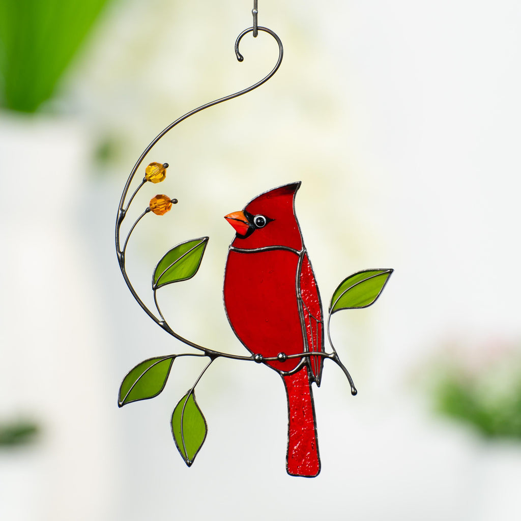 Cardinal stained glass window hangings Loss of a loved one Custom stained glass bird suncatcher Godfather gift