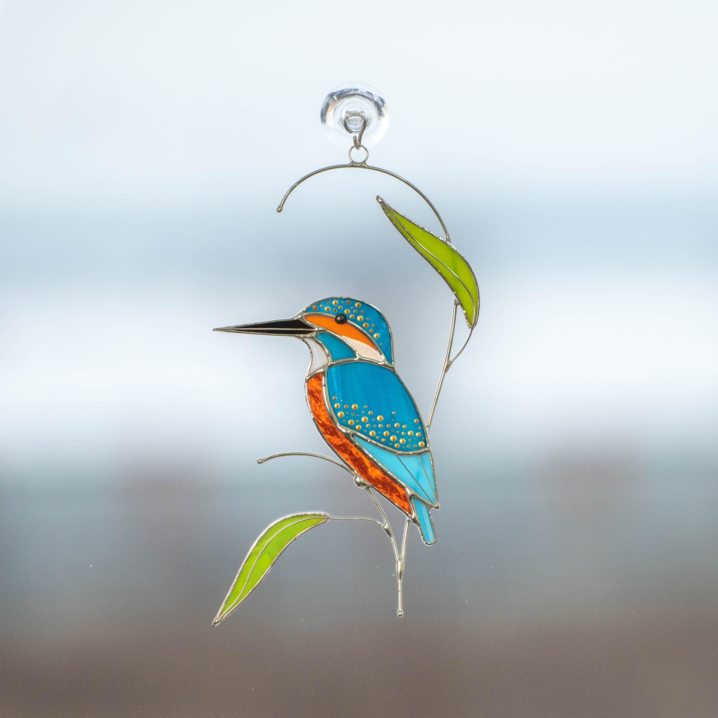 Stained glass bird Kingfisher Unique gift for mom Modern stained glass window hangings Kingfisher art