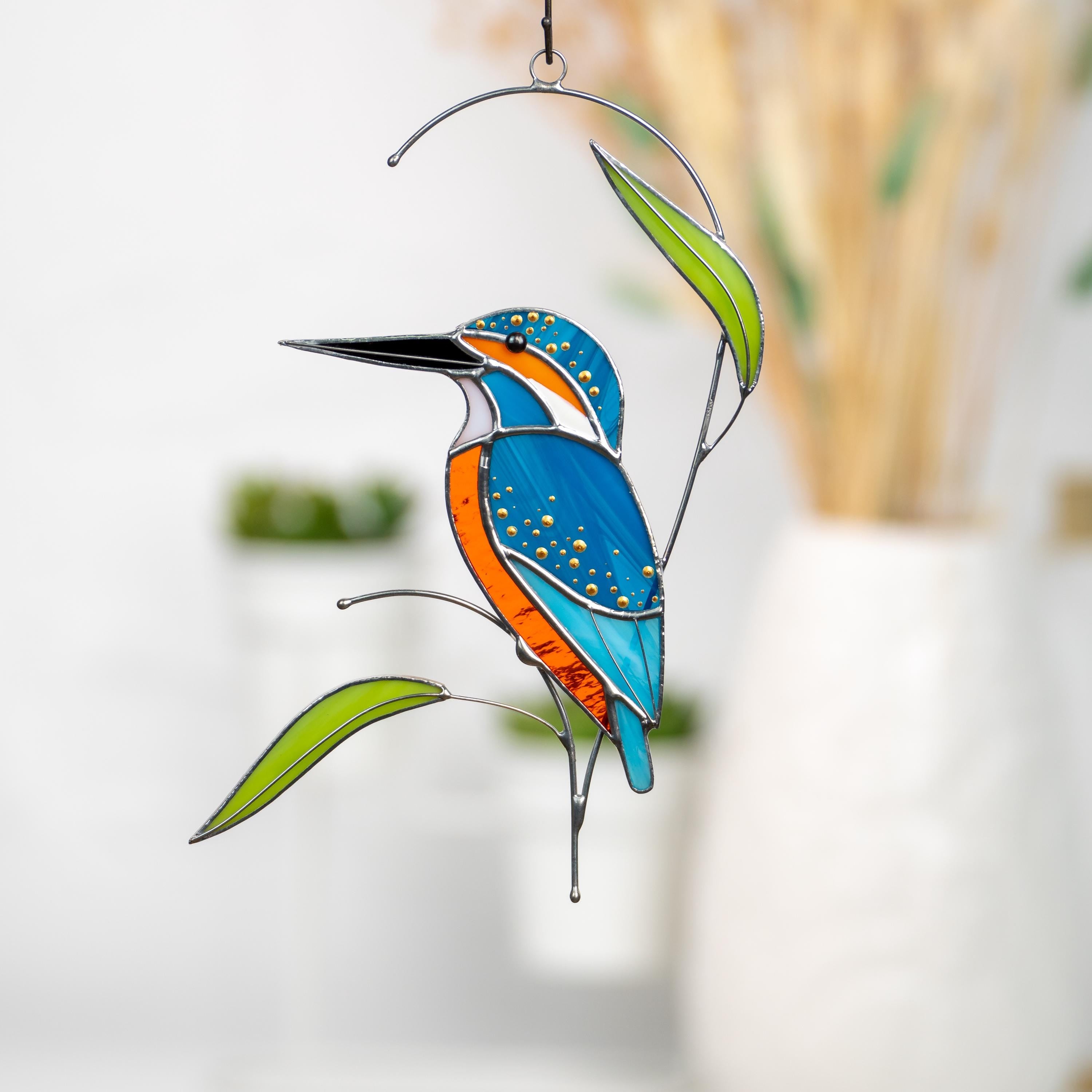 Stained glass bird Kingfisher Unique gift for mom Modern stained glass window hangings Kingfisher art
