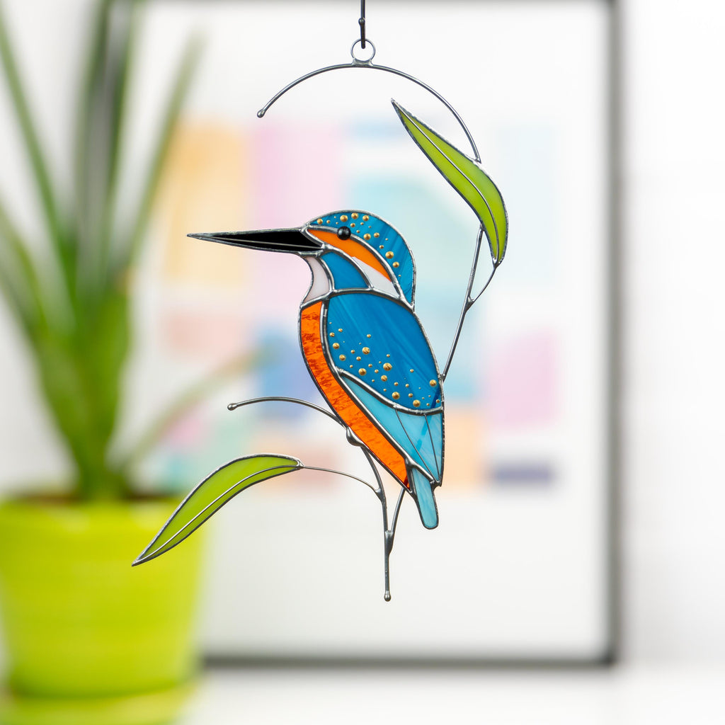 Stained glass bird Kingfisher Unique gift for mom Modern stained glass window hangings Kingfisher art