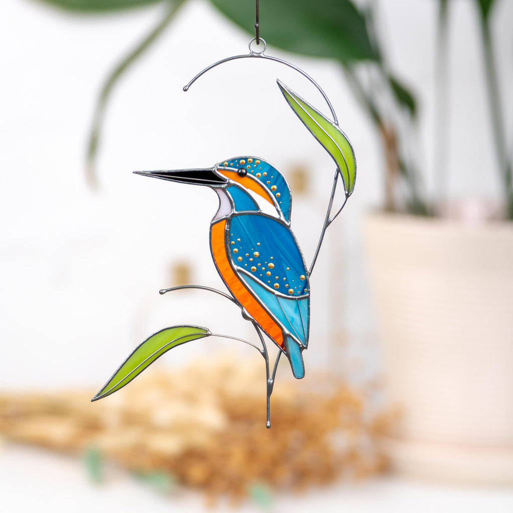 Stained glass bird Kingfisher Unique gift for mom Modern stained glass window hangings Kingfisher art