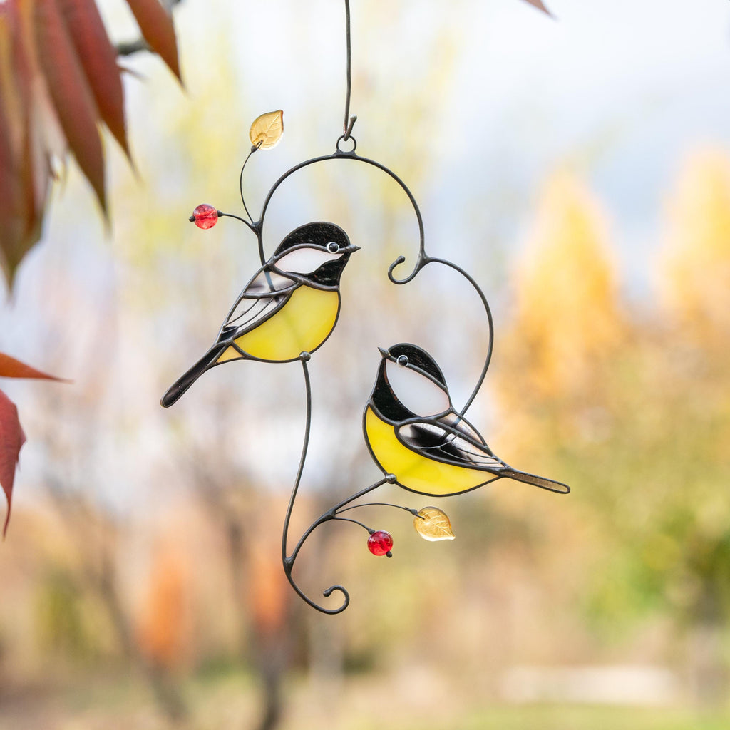 Couple of chickadees stained glass suncatcher Mothers Day gift ideas Bird wall art