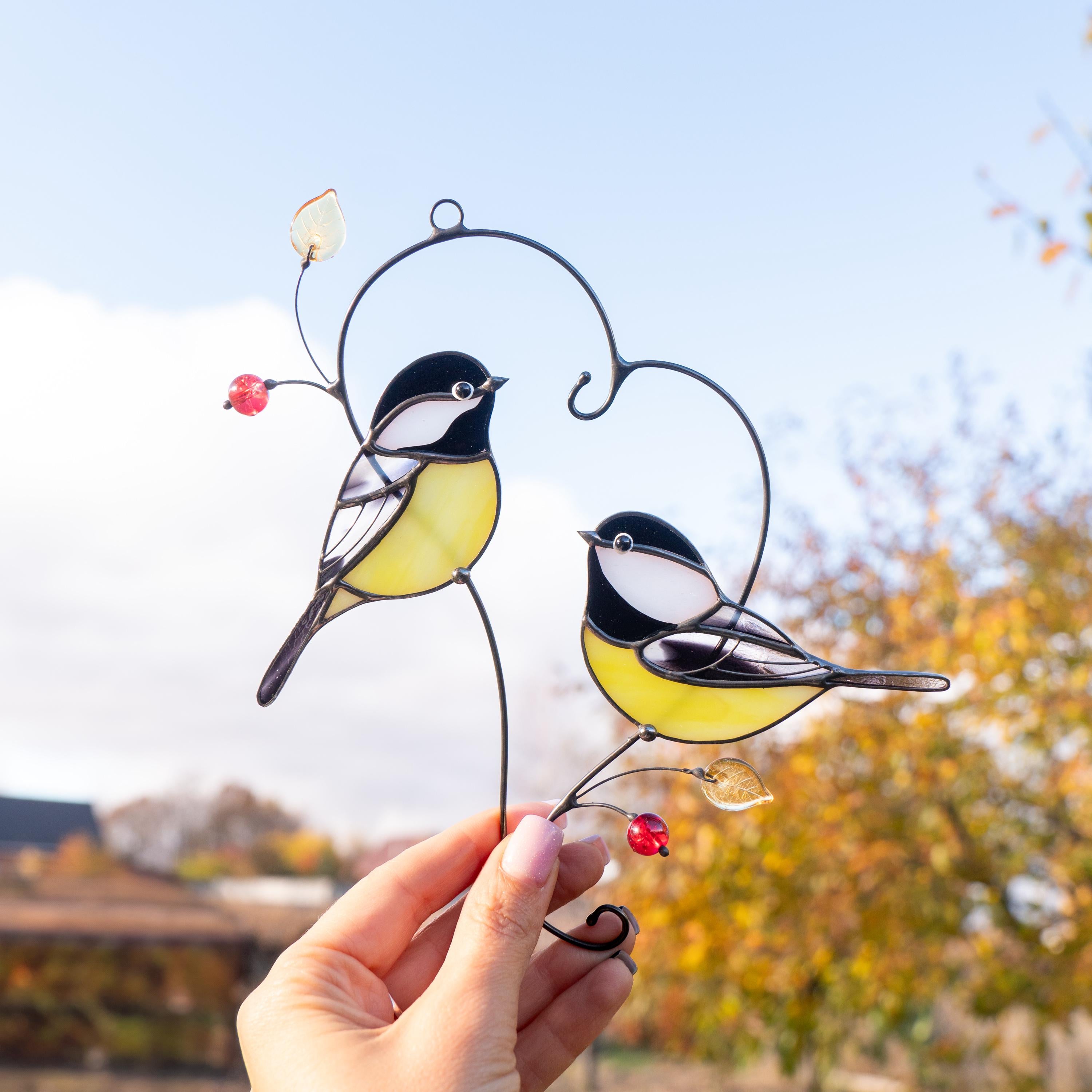 Couple of chickadees stained glass suncatcher Mothers Day gift ideas Bird wall art