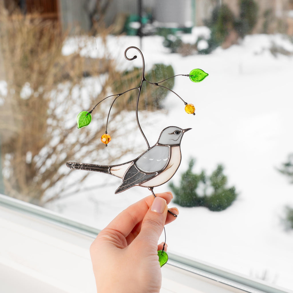 Custom stained glass bird Mockingbird Godfather gift Modern stained glass window hangings Northern mockingbird Stained glass yard art