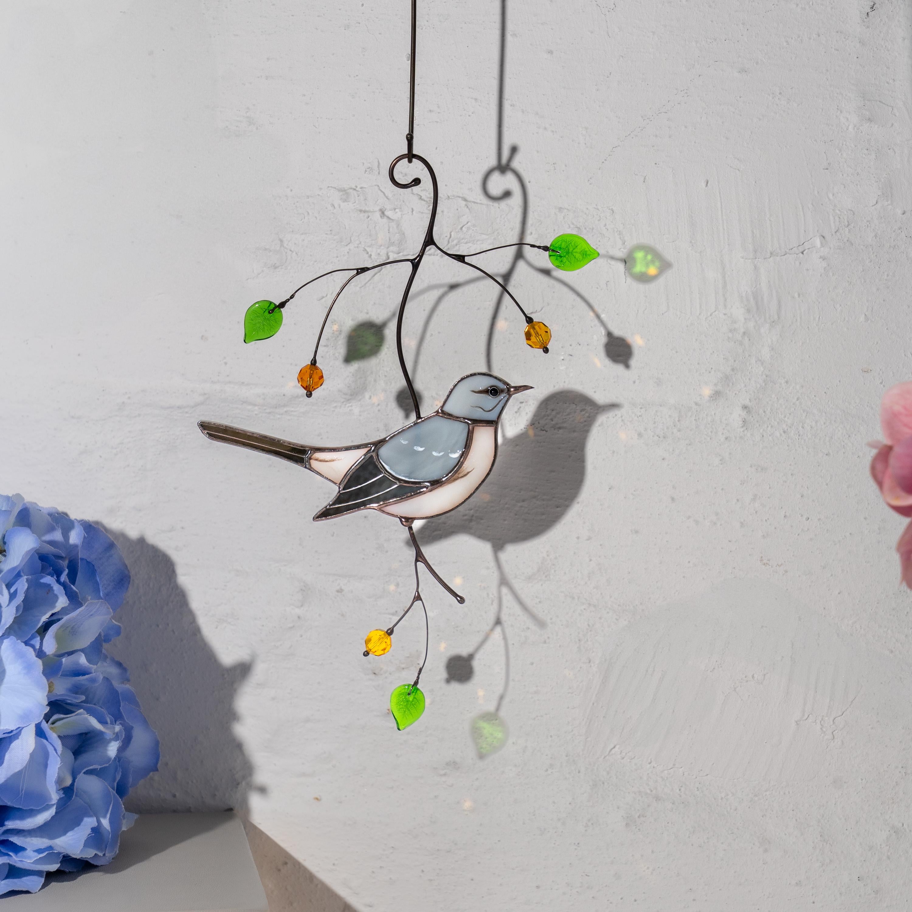 Custom stained glass bird Mockingbird Godfather gift Modern stained glass window hangings Northern mockingbird Stained glass yard art