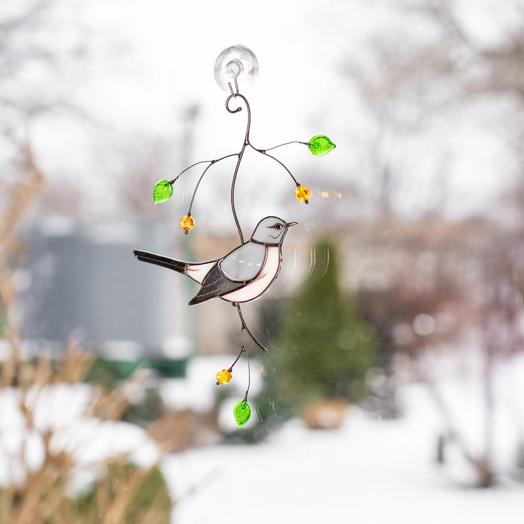 Custom stained glass bird Mockingbird Godfather gift Modern stained glass window hangings Northern mockingbird Stained glass yard art