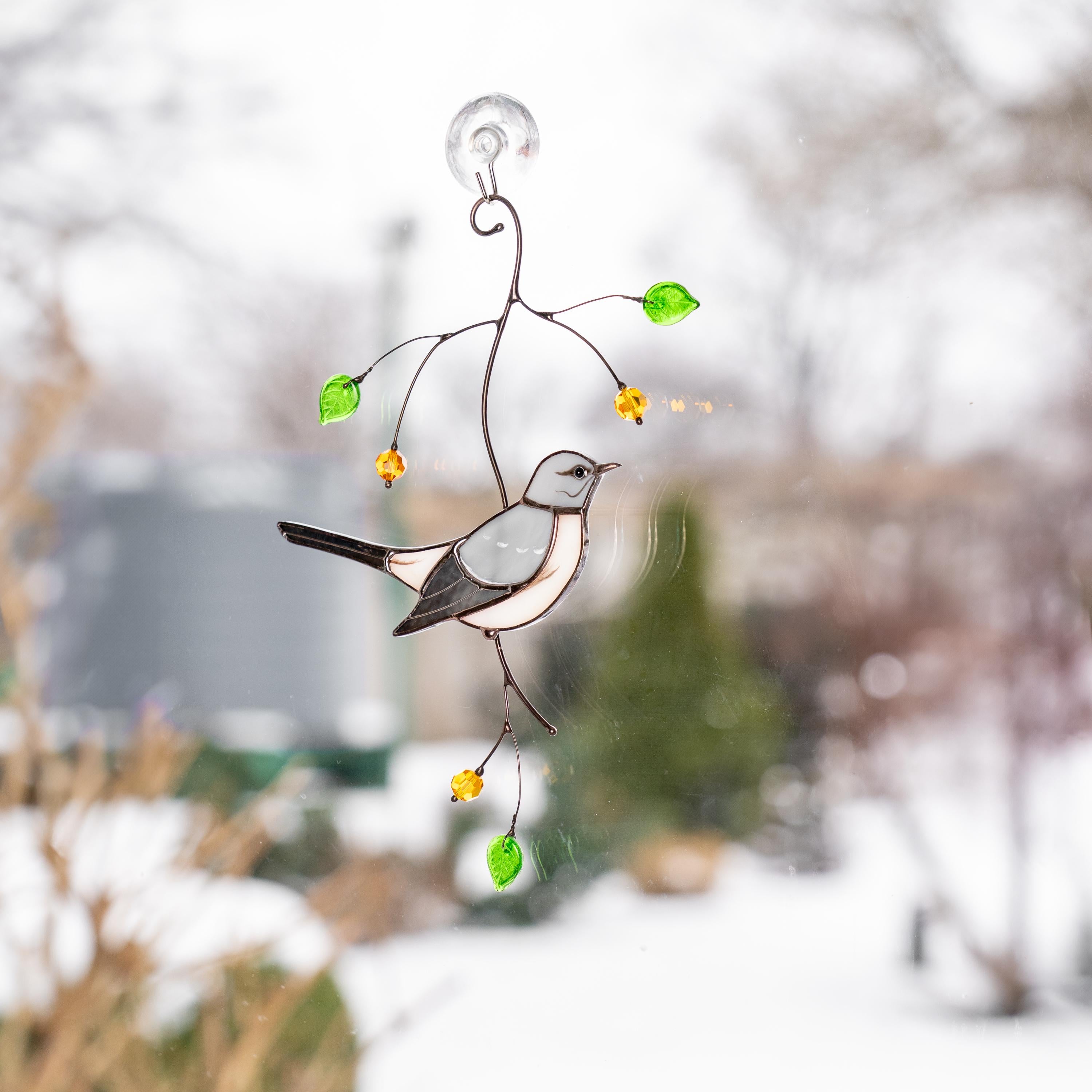 Custom stained glass bird Mockingbird Godfather gift Modern stained glass window hangings Northern mockingbird Stained glass yard art