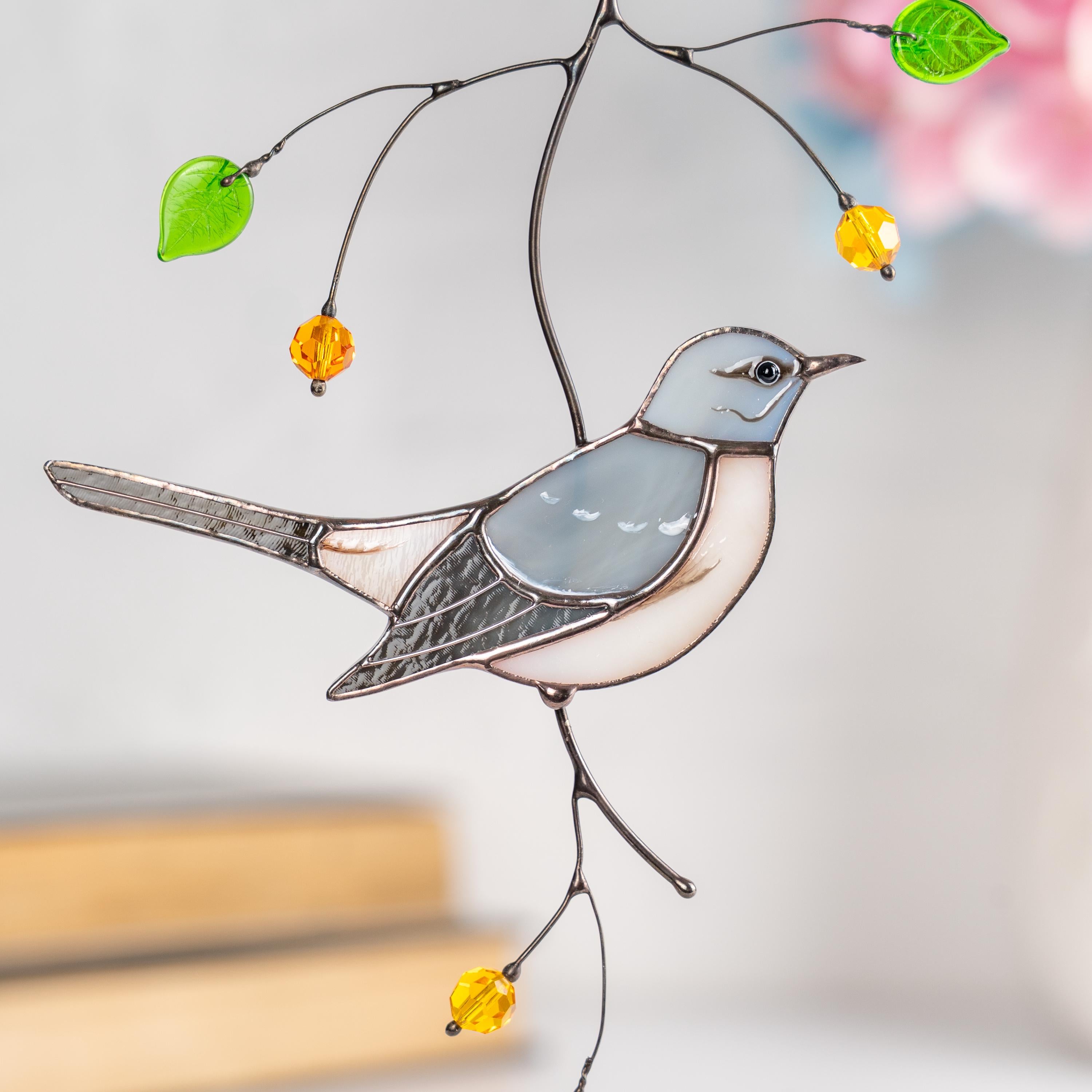 Custom stained glass bird Mockingbird Godfather gift Modern stained glass window hangings Northern mockingbird Stained glass yard art