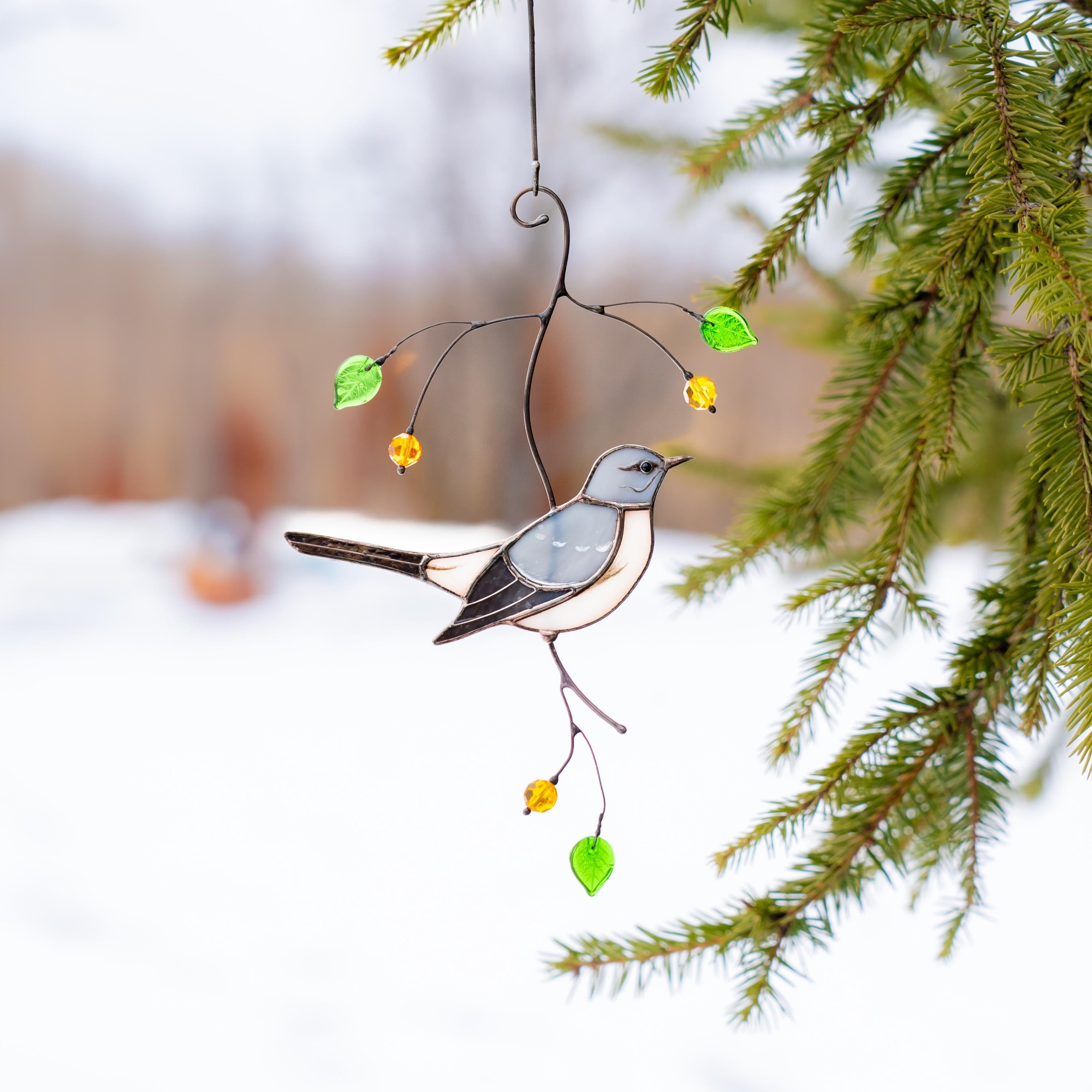 Custom stained glass bird Mockingbird Godfather gift Modern stained glass window hangings Northern mockingbird Stained glass yard art