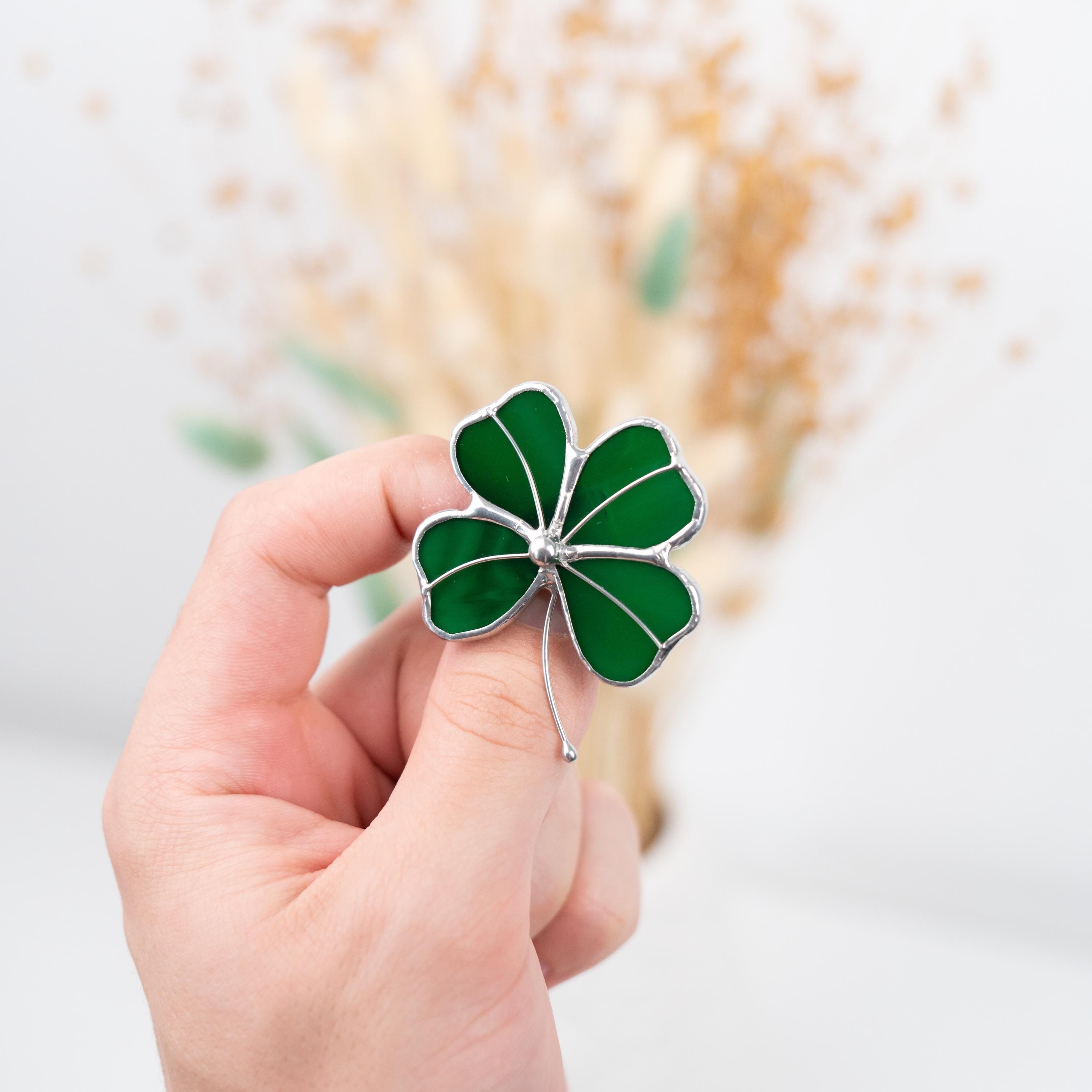 Four leaf clover stained glass brooch St Patricks Day Irish jewelry