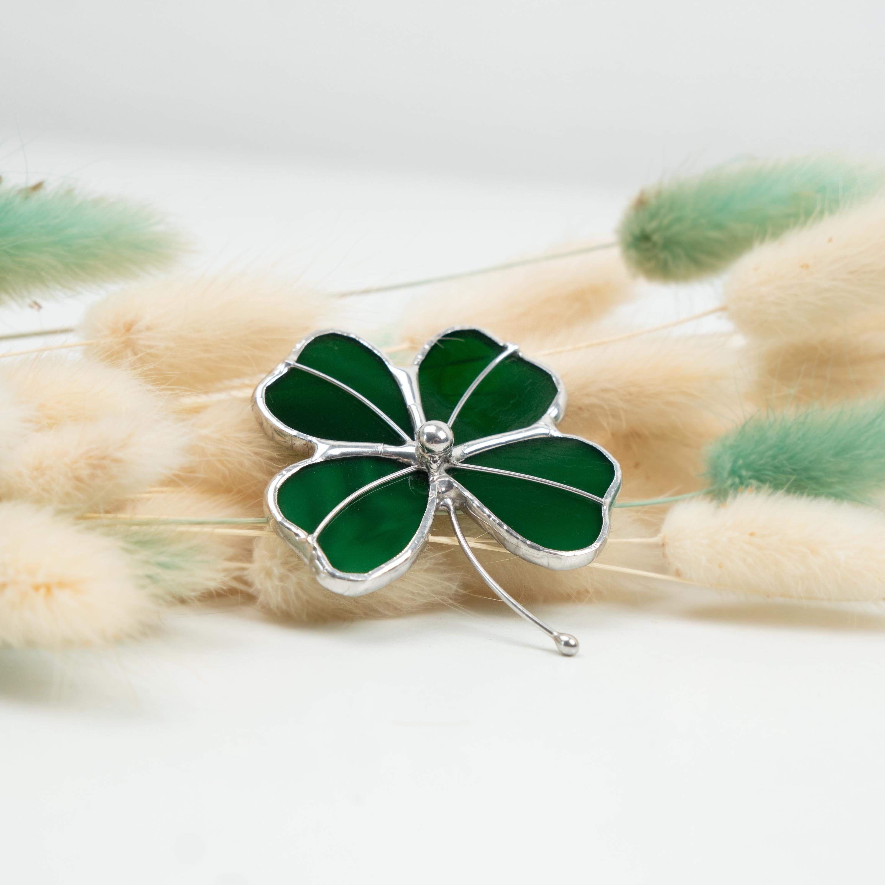 Four leaf clover stained glass brooch St Patricks Day Irish jewelry