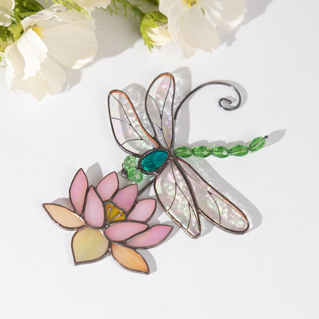 Modern stained glass dragonfly Godmother gift House warming gifts new home Custom stained glass lotus flower Dragonfly decor