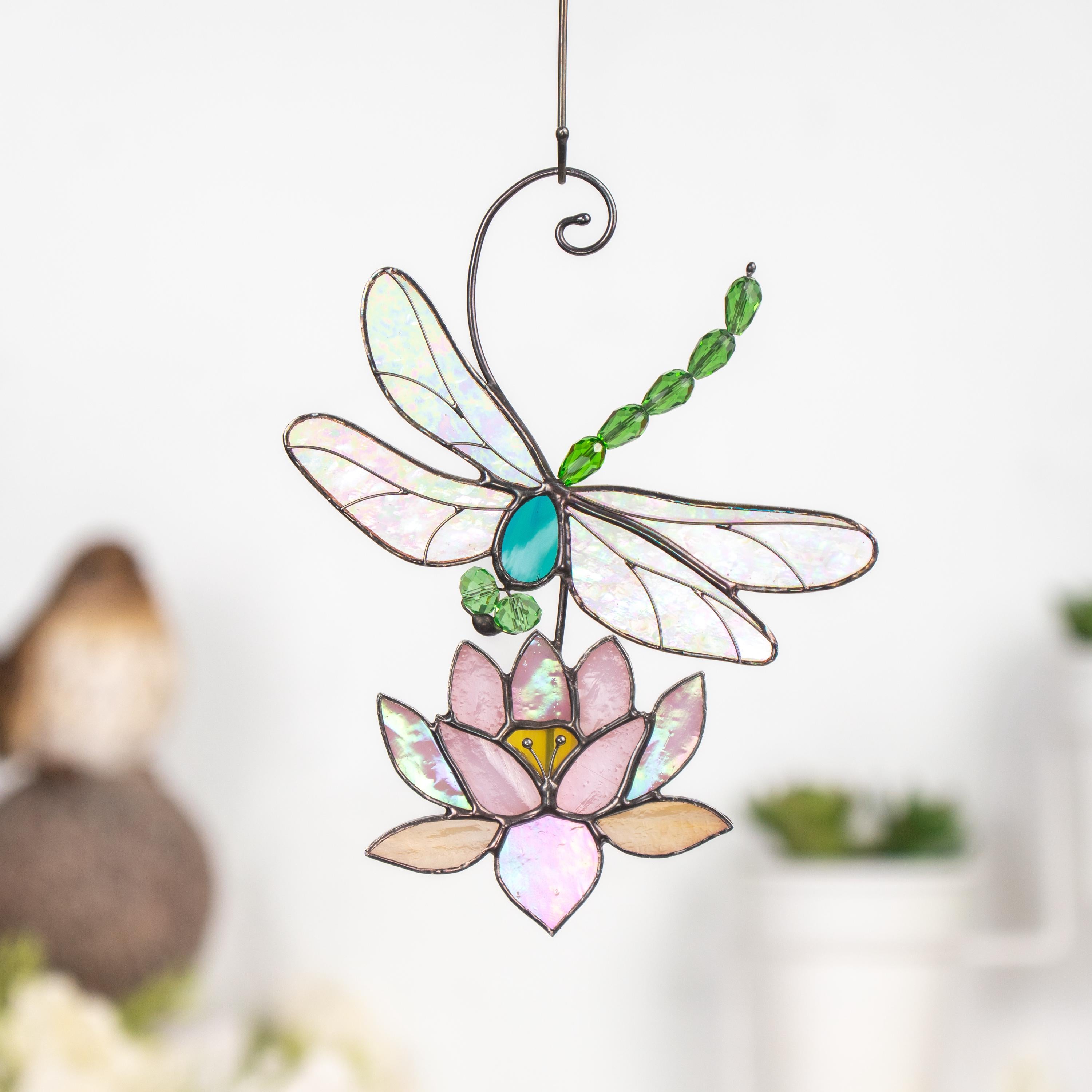 Modern stained glass dragonfly Godmother gift House warming gifts new home Custom stained glass lotus flower Dragonfly decor