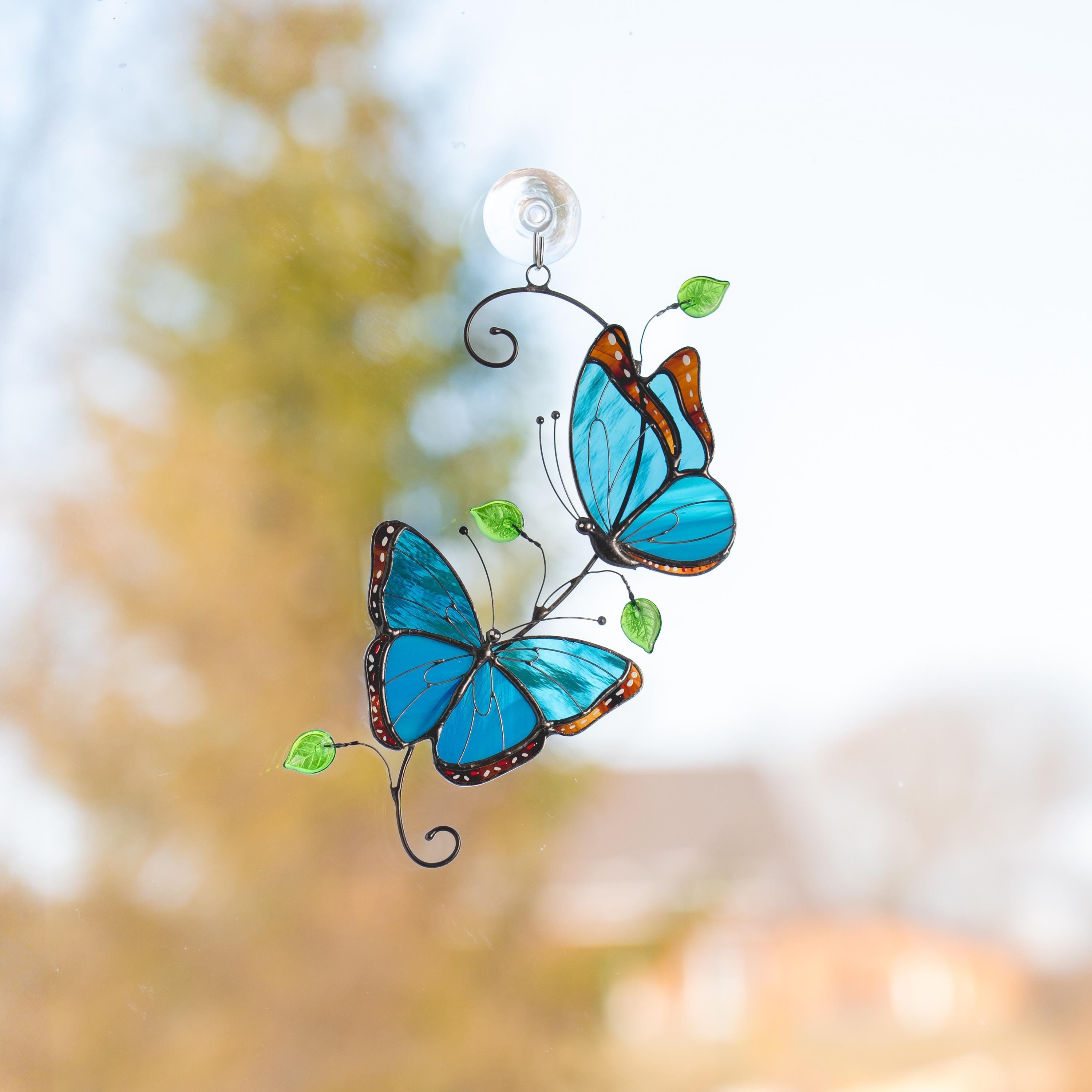 Blue Morpho butterfly stained glass window hangings Godmother gift Patio decor Yard art suncatcher