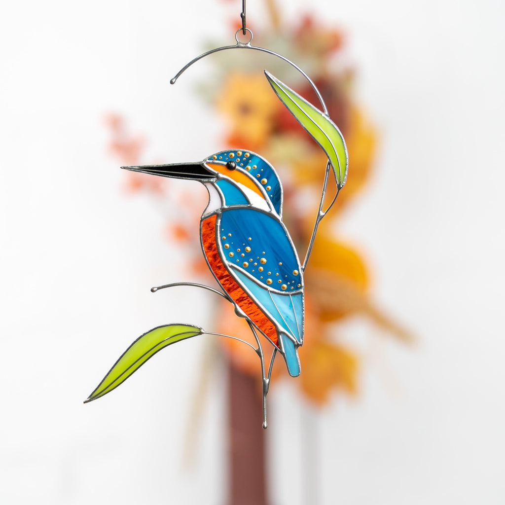 Stained glass bird Kingfisher Unique gift for mom Modern stained glass window hangings Kingfisher art