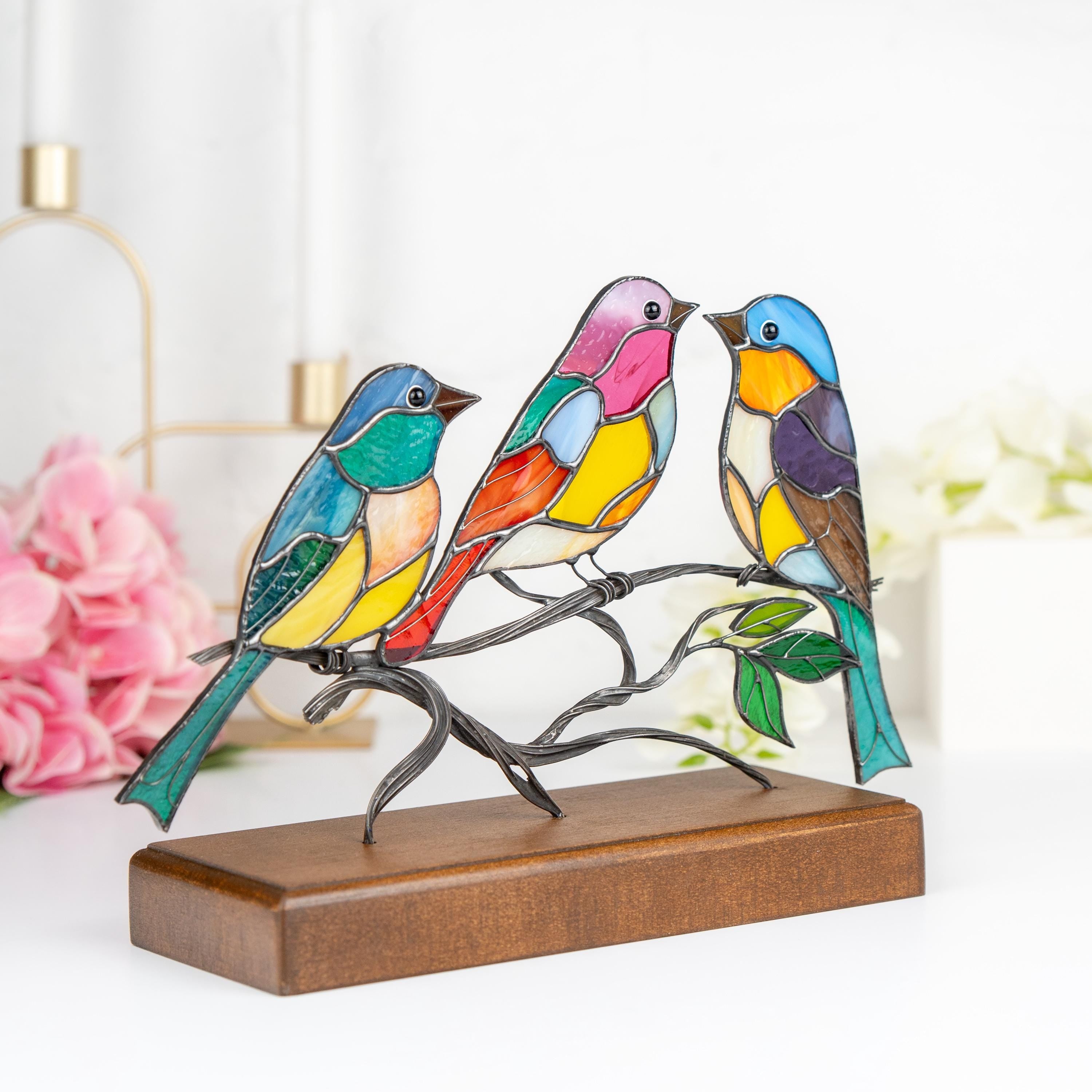 Gift for bird lovers stained glass panel Mother in law gifts Stained glass birds coffee table decor Handmade product stained glass ornament