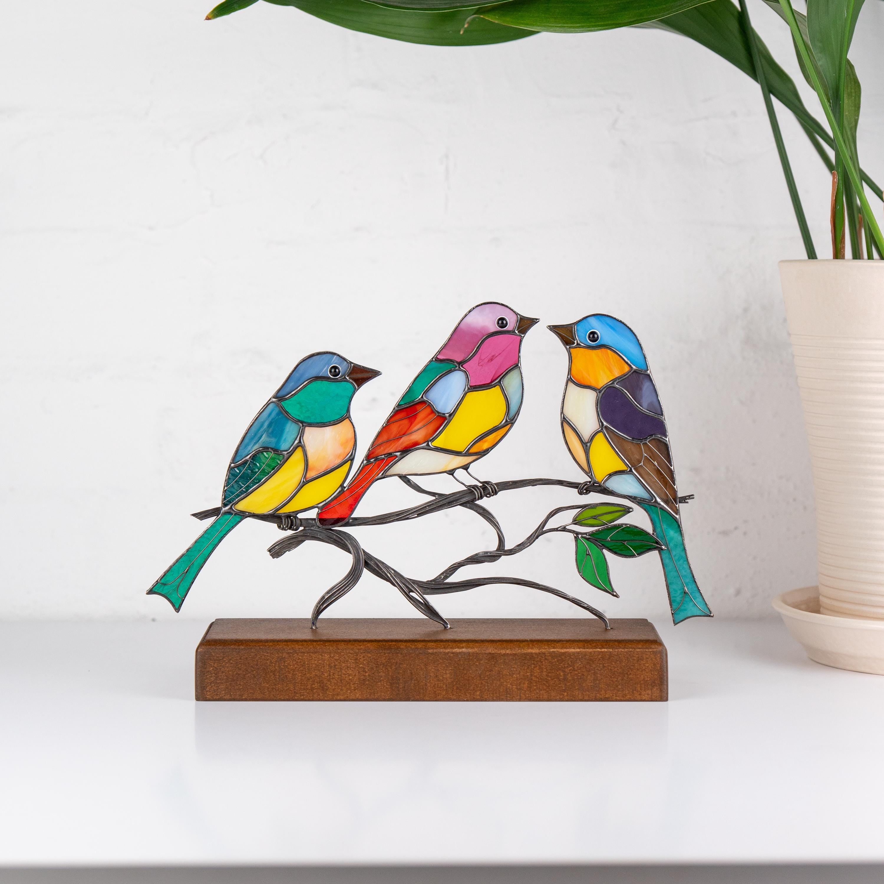 Stained glass birds House warming gift Modern stained glass panel Godfather gift Office desk accessories Custom stained glass office decor