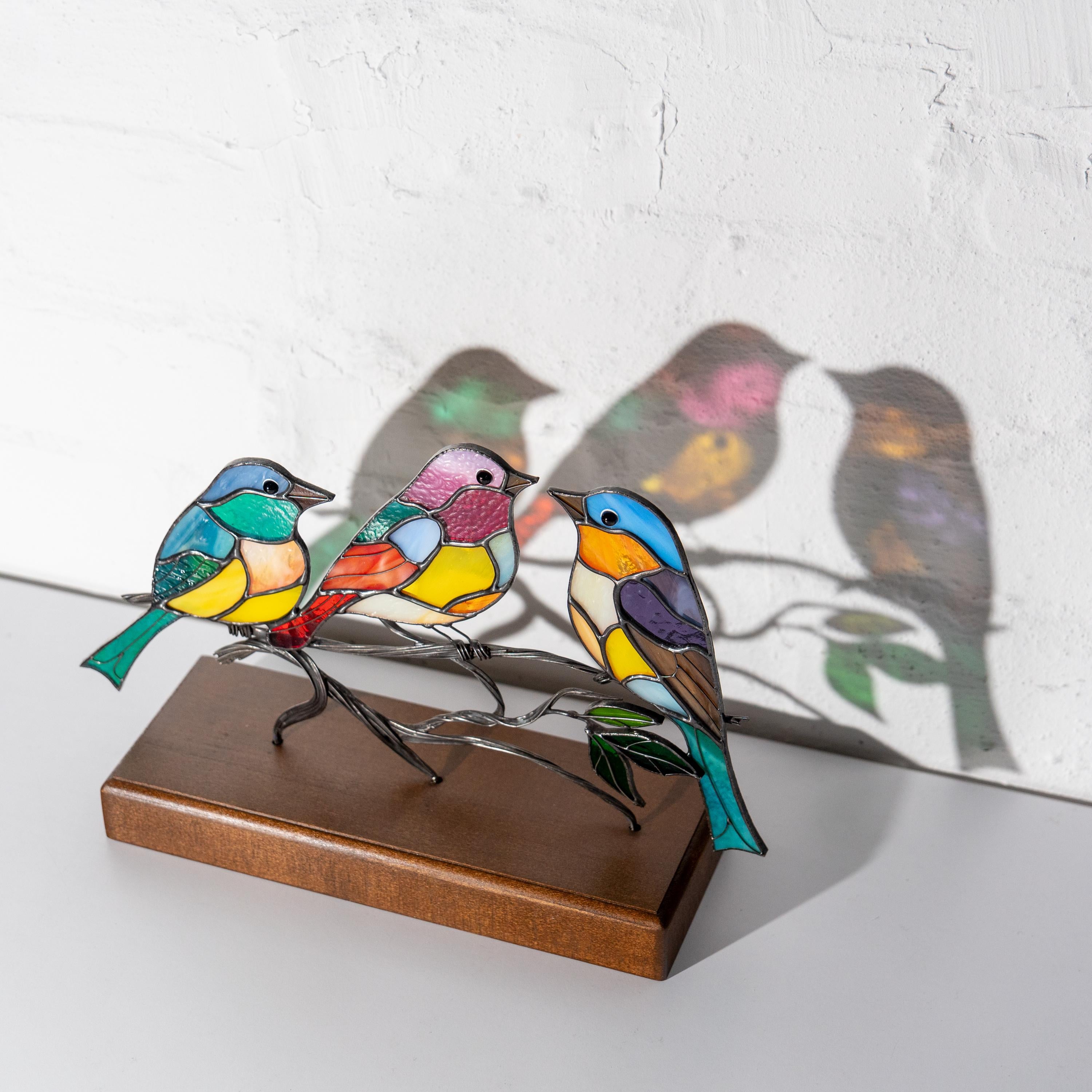 Stained glass birds House warming gift Modern stained glass panel Godfather gift Office desk accessories Custom stained glass office decor