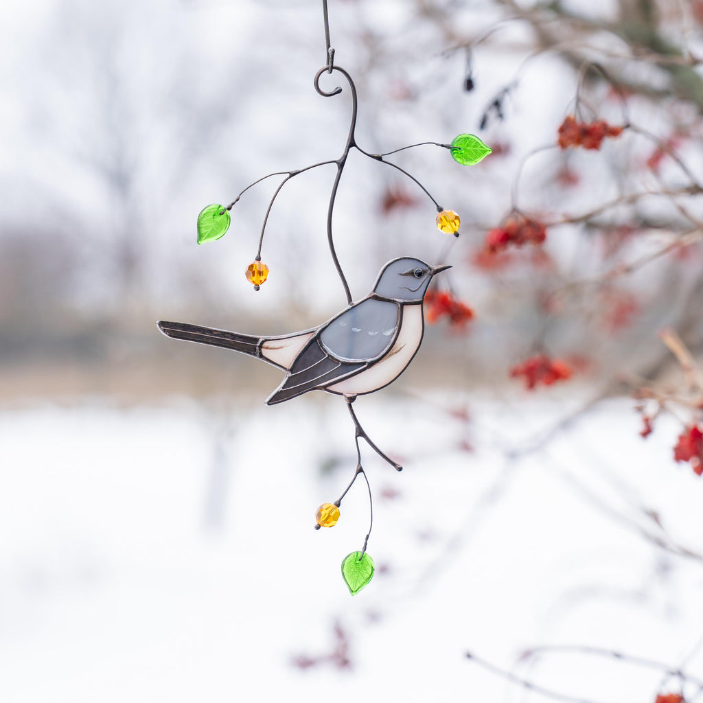 Custom stained glass bird Mockingbird Godfather gift Modern stained glass window hangings Northern mockingbird Stained glass yard art