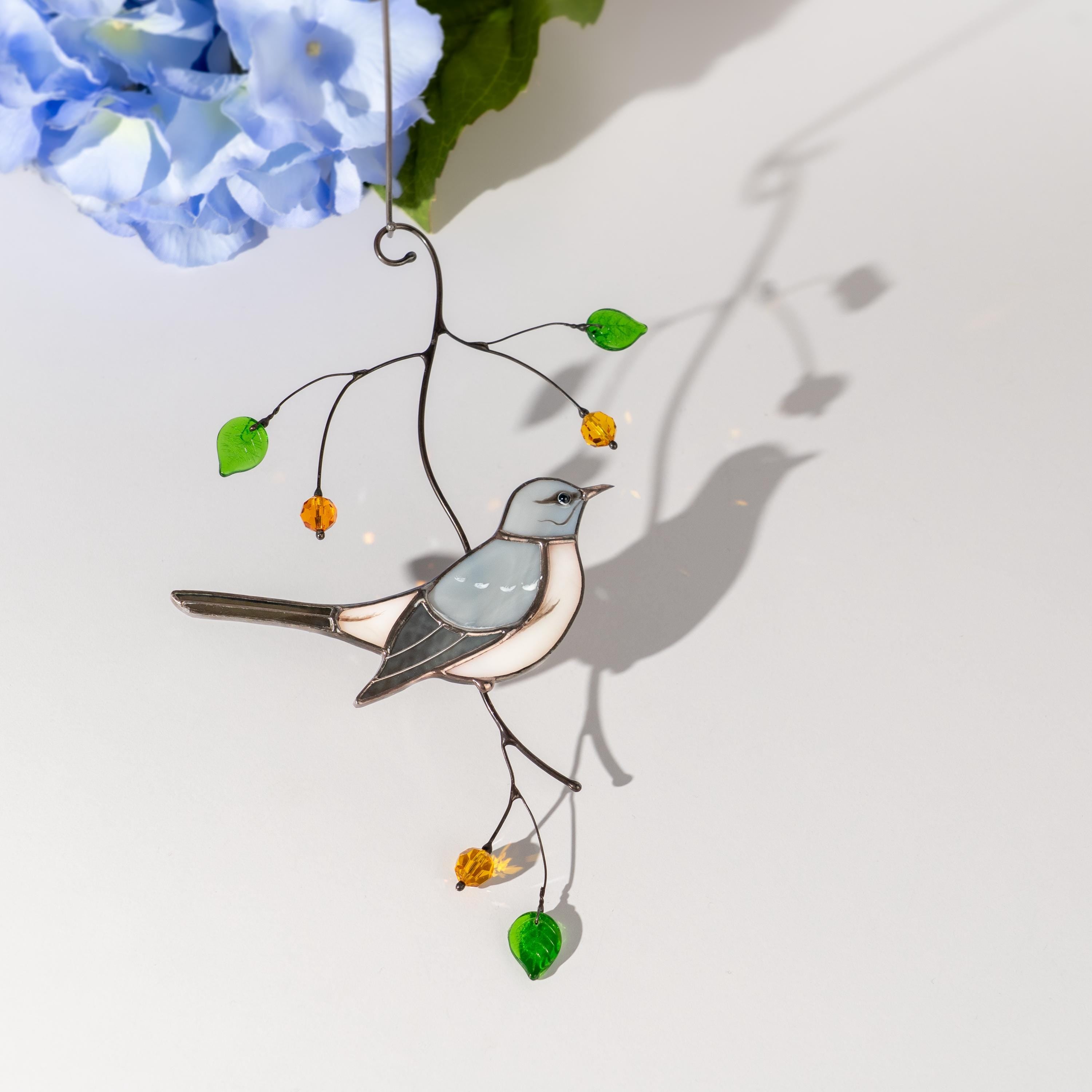 Custom stained glass bird Mockingbird Godfather gift Modern stained glass window hangings Northern mockingbird Stained glass yard art