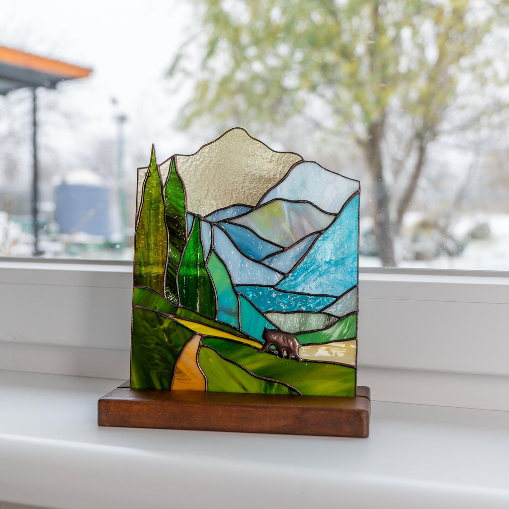 Custom stained glass art Grandparent gifts Art nouveau stained glass desk decor for women Glacier national park stained glass panel