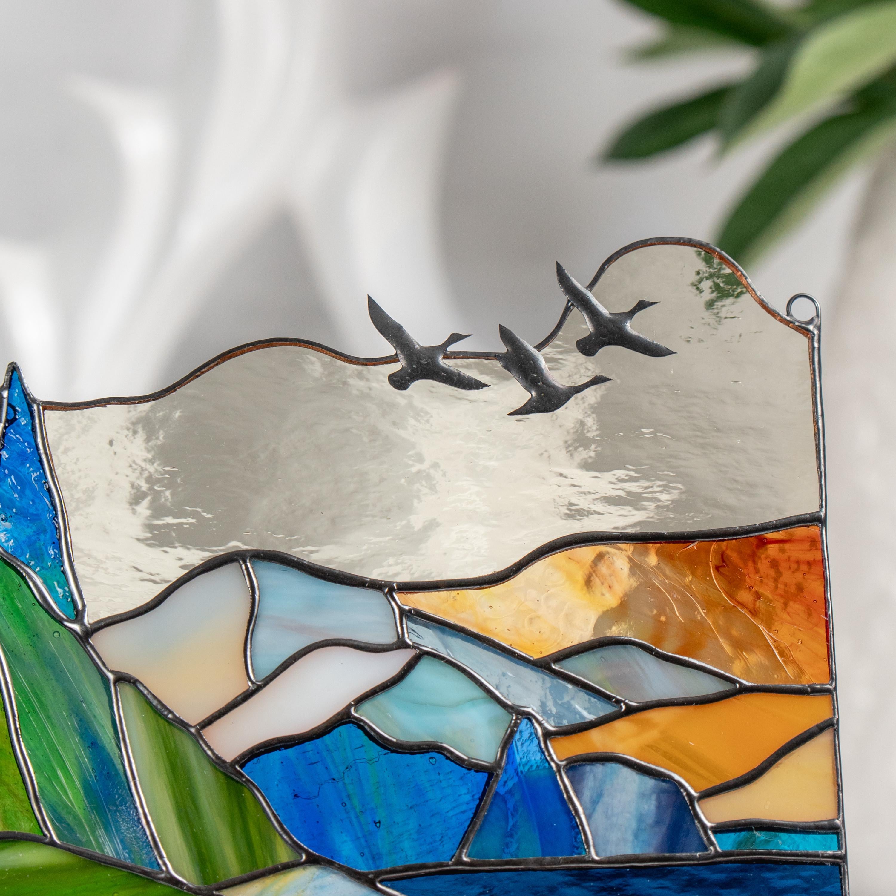 Mount Rainier stained glass panel Godfather gift Modern stained glass window hangings House warming gifts new home Desk decor for women