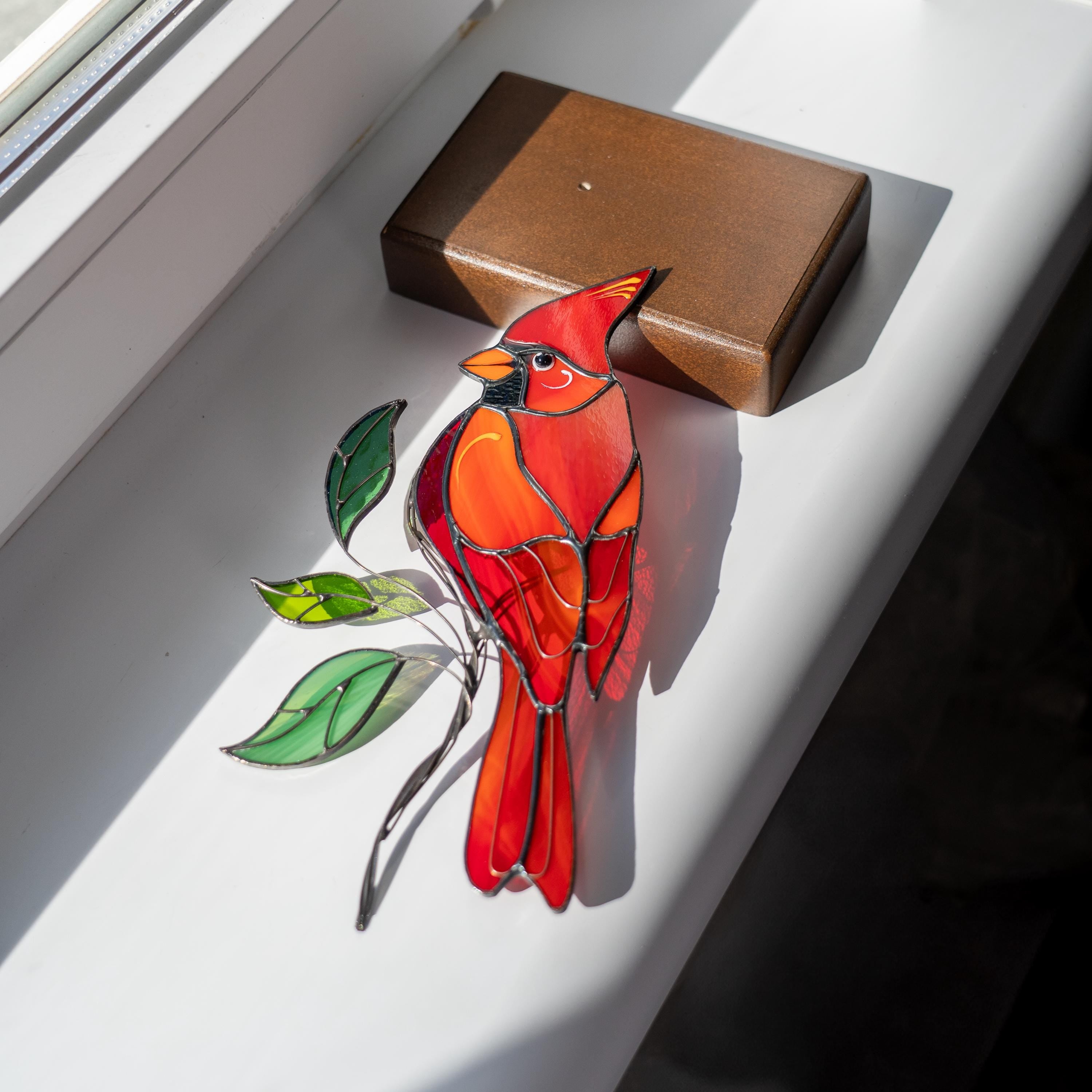 Cardinal suncatcher Custom stained glass ornament Unique gift for mom Cardinal gift Modern stained glass birds Custom suncatcher
