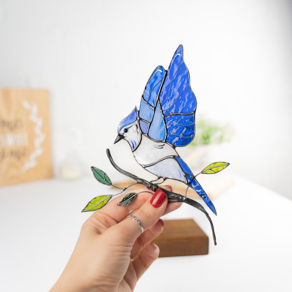 Blue Jay Stained glass art Gift for grandma Custom stained glass panel Custom suncatcher Desk accessories Best friend gifts