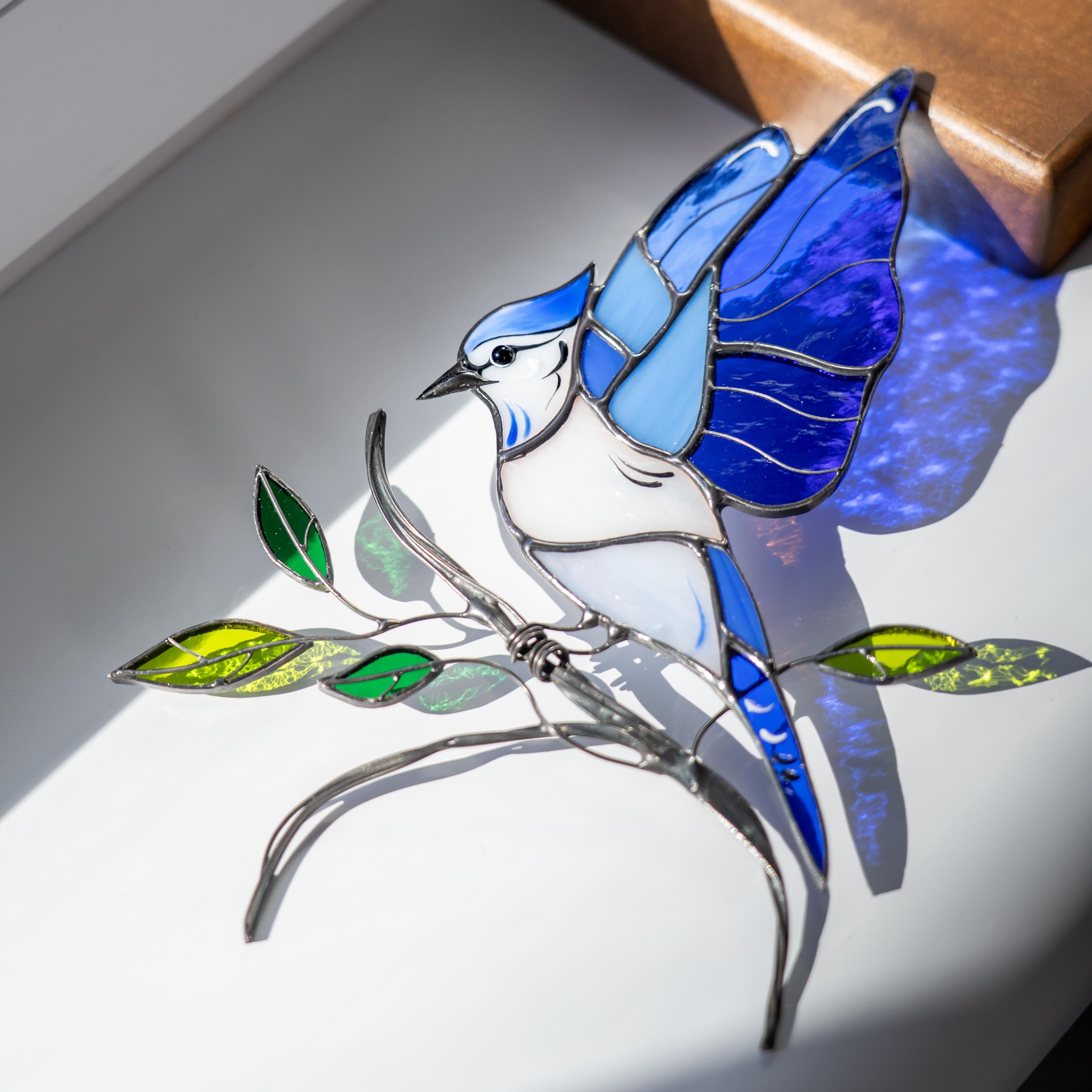 Blue Jay Stained glass art Gift for grandma Custom stained glass panel Custom suncatcher Desk accessories Best friend gifts