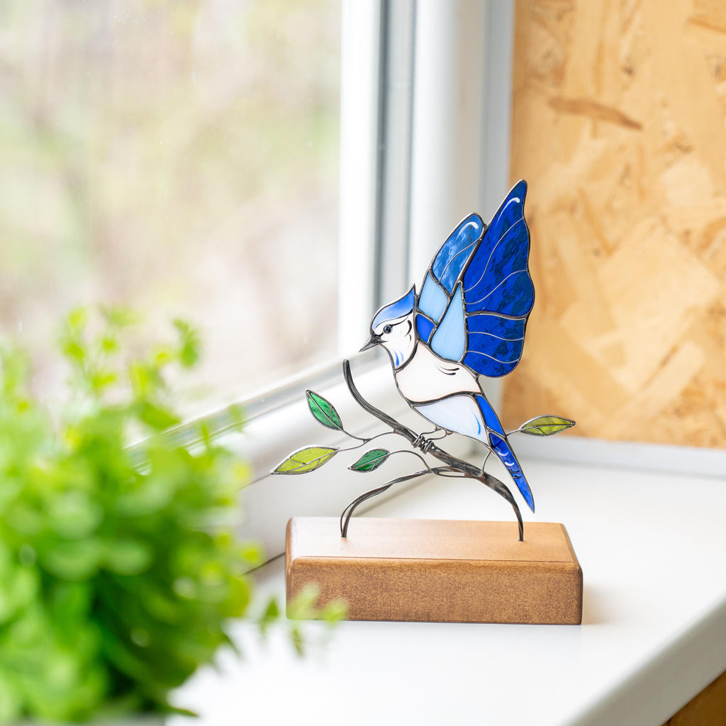 Blue Jay Stained glass art Gift for grandma Custom stained glass panel Custom suncatcher Desk accessories Best friend gifts
