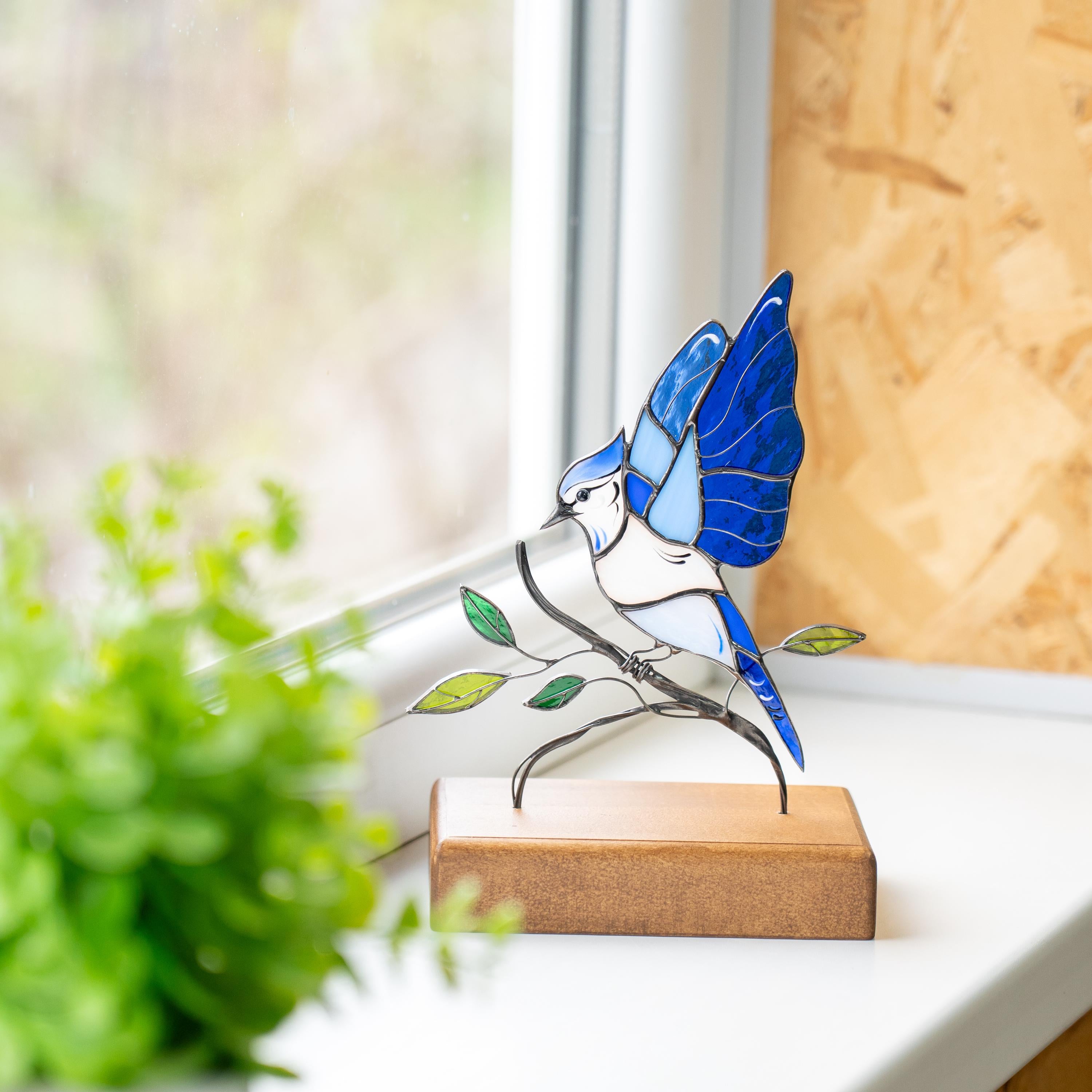 Blue Jay Stained glass art Gift for grandma Custom stained glass panel Custom suncatcher Desk accessories Best friend gifts