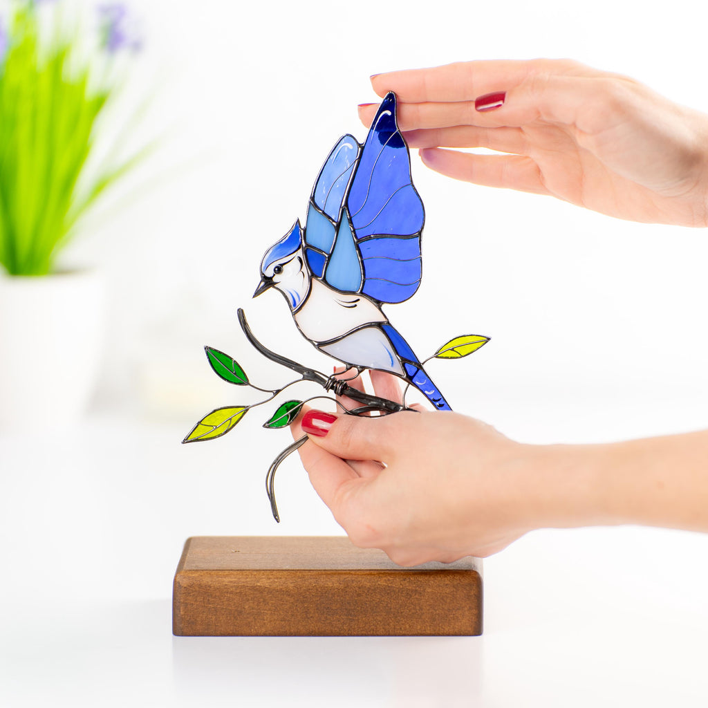 Blue Jay Stained glass art Gift for grandma Custom stained glass panel Custom suncatcher Desk accessories Best friend gifts