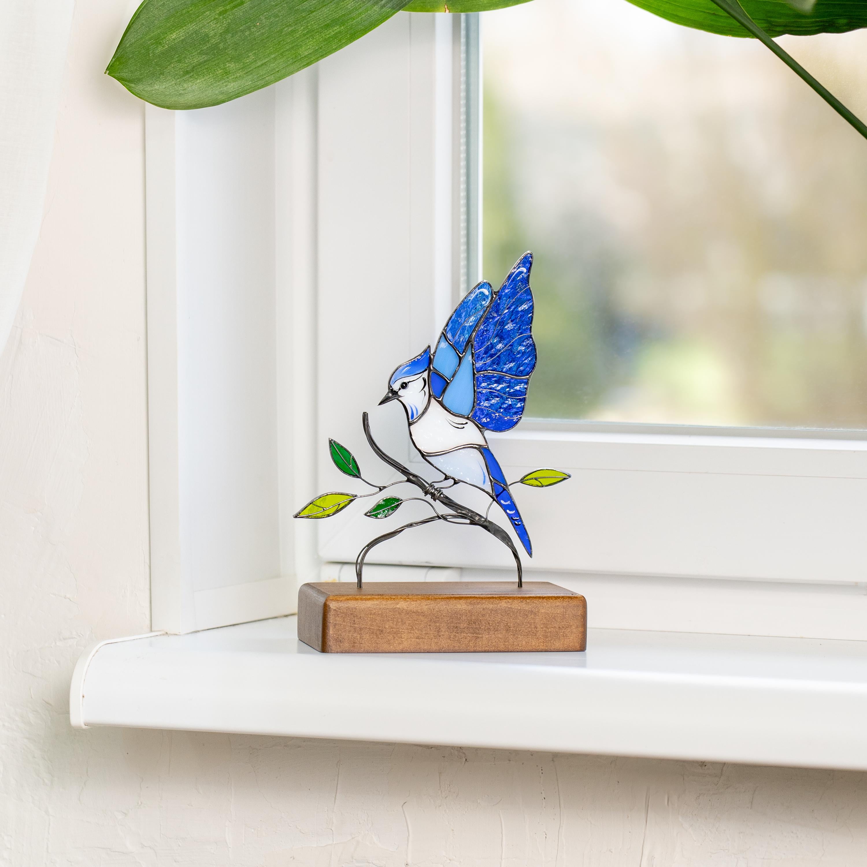 Blue Jay Stained glass art Gift for grandma Custom stained glass panel Custom suncatcher Desk accessories Best friend gifts