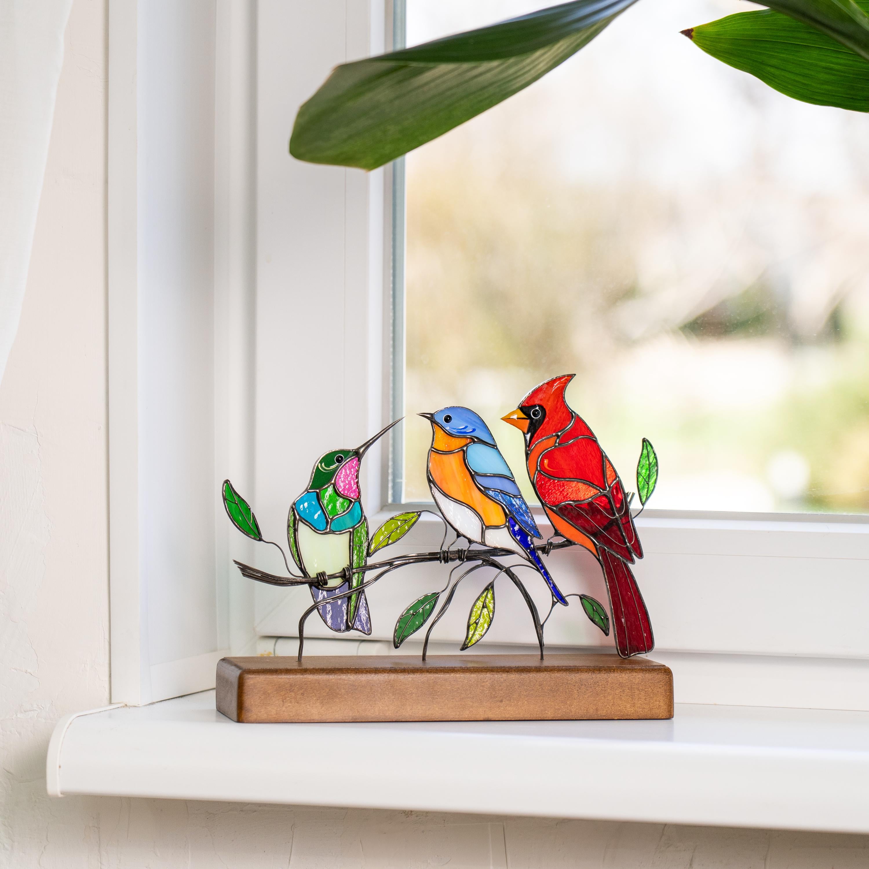 Stained glass hummingbird Godmother gift Cardinal suncatcher Custom stained glass birds Handmade gifts Bluebird ornament Stained glass panel