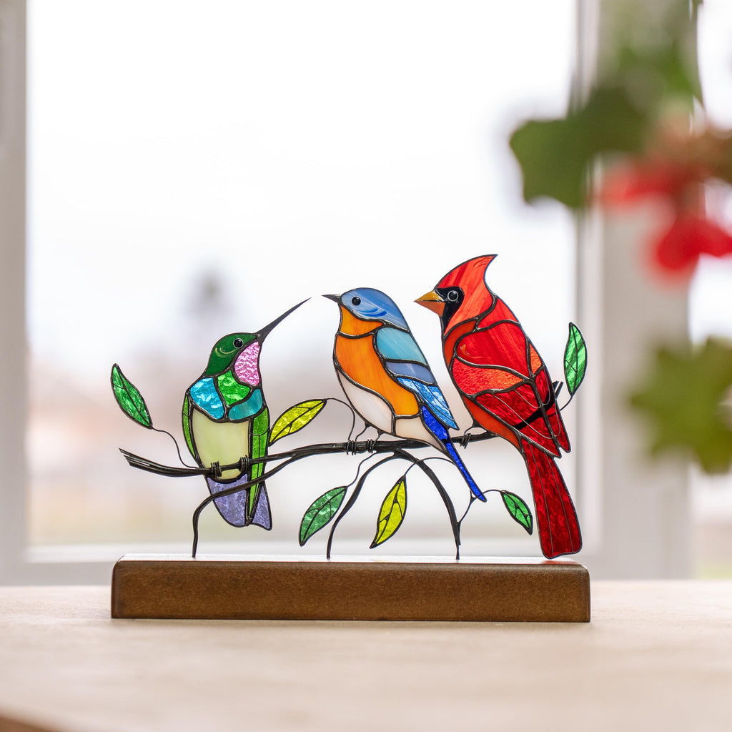 Stained glass birds House warming gift Modern stained glass panel Godfather gift Office desk accessories Custom stained glass office decor