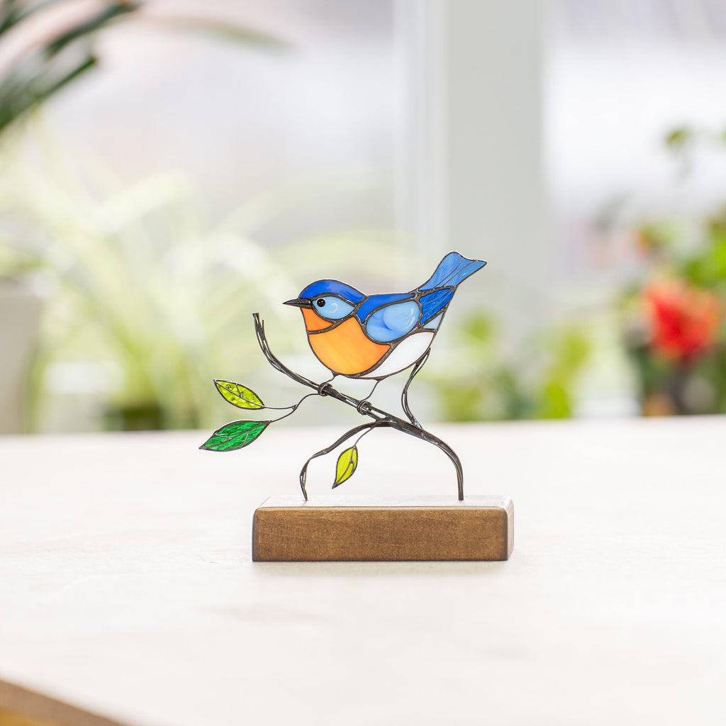 Stained glass bluebird ornament Gifts for grandma Handmade stained glass panel Chickadee Office decor Custom stained glass bird suncatcher