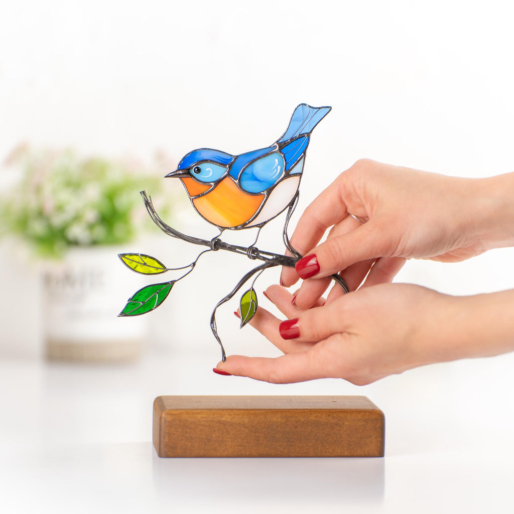 Stained glass bluebird ornament Gifts for grandma Handmade stained glass panel Chickadee Office decor Custom stained glass bird suncatcher