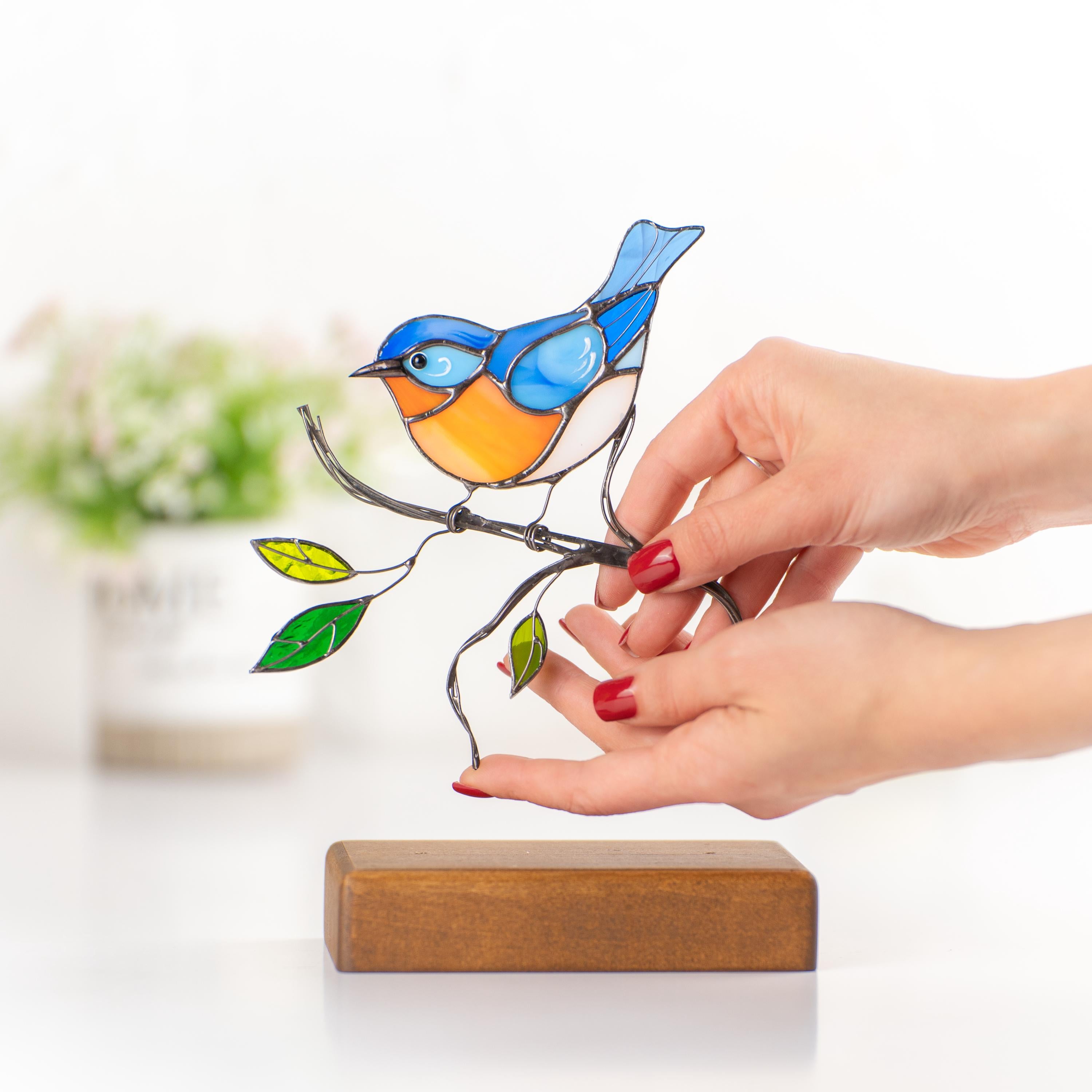 Stained glass bluebird ornament Gifts for grandma Handmade stained glass panel Chickadee Office decor Custom stained glass bird suncatcher