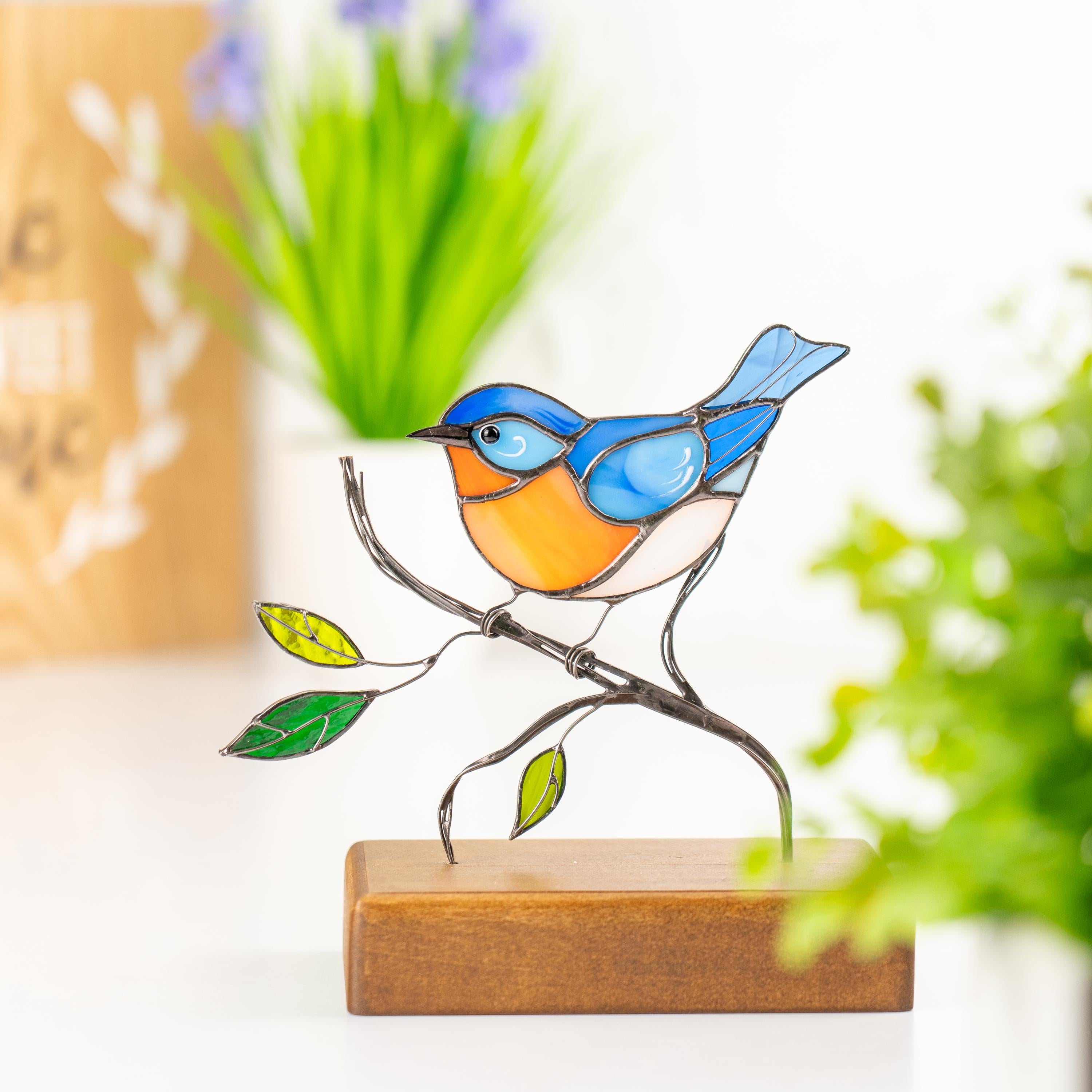 Stained glass bluebird ornament Gifts for grandma Handmade stained glass panel Chickadee Office decor Custom stained glass bird suncatcher