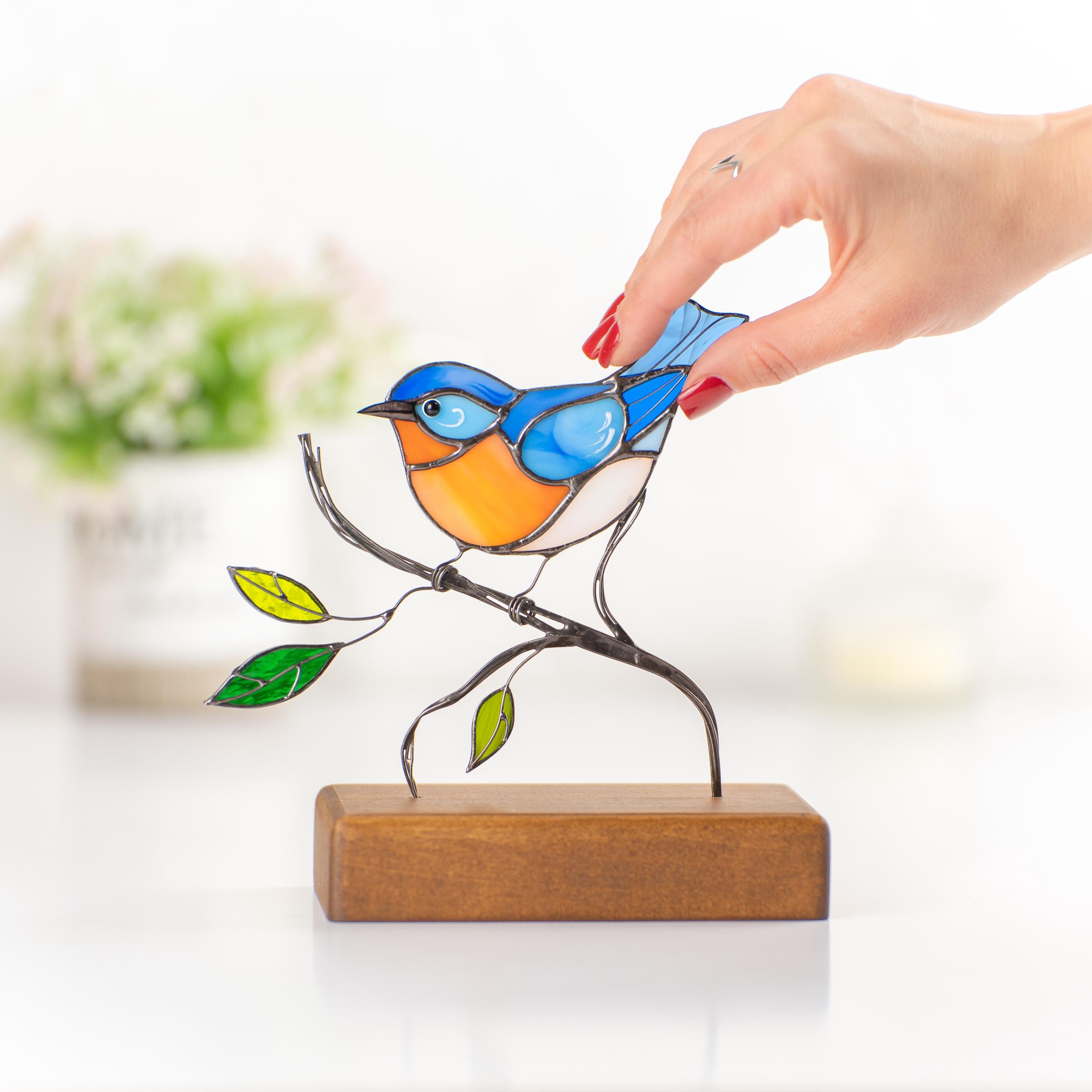 Stained glass bluebird ornament Gifts for grandma Handmade stained glass panel Chickadee Office decor Custom stained glass bird suncatcher