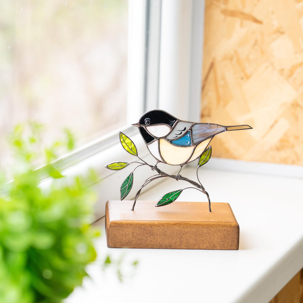 Chickadee ornament Stained glass bird Sister in law gifts Chickadee suncatcher Modern stained glass panel Handmade gifts