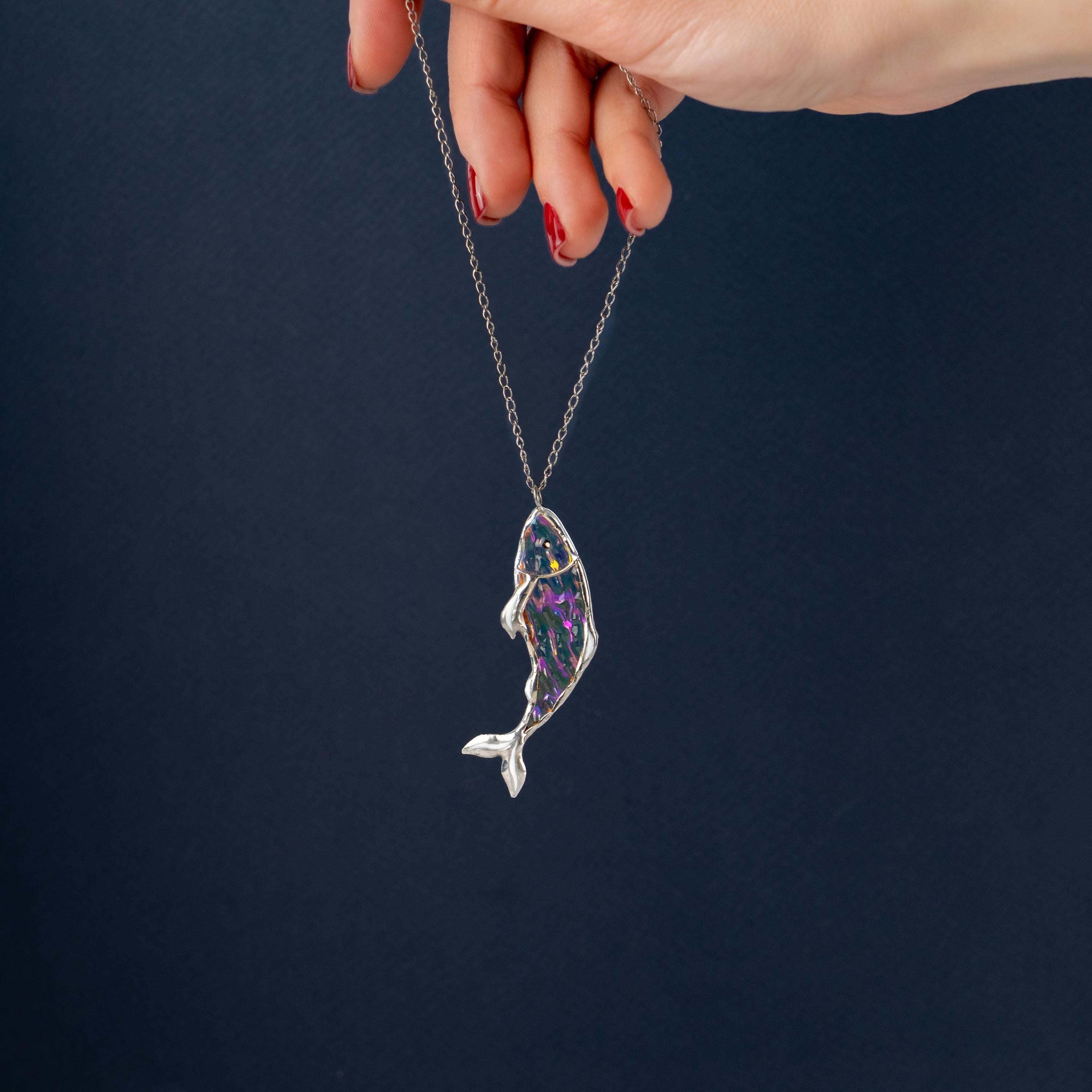 Stained glass fish Custom stained glass necklace Gifts for sister Fish pendant Modern stained glass fish jewelry
