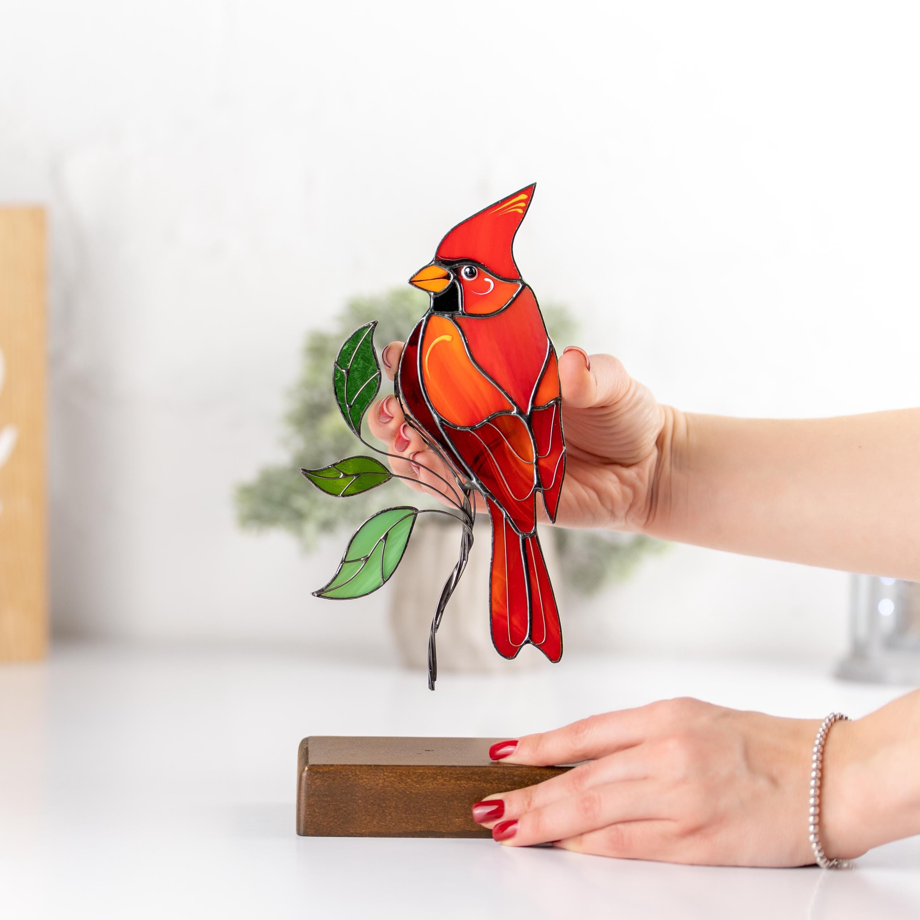 Cardinal suncatcher Custom stained glass ornament Unique gift for mom Cardinal gift Modern stained glass birds Custom suncatcher
