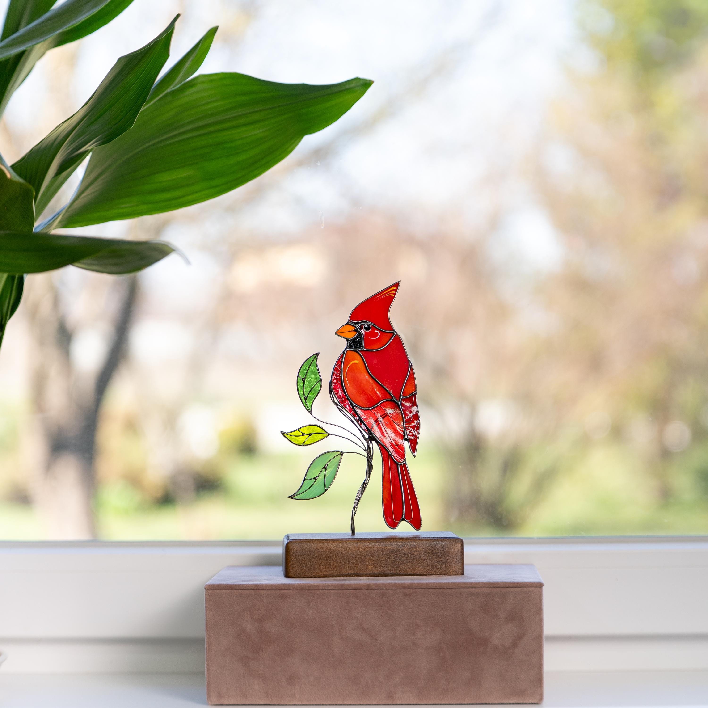 Cardinal suncatcher Custom stained glass ornament Unique gift for mom Cardinal gift Modern stained glass birds Custom suncatcher