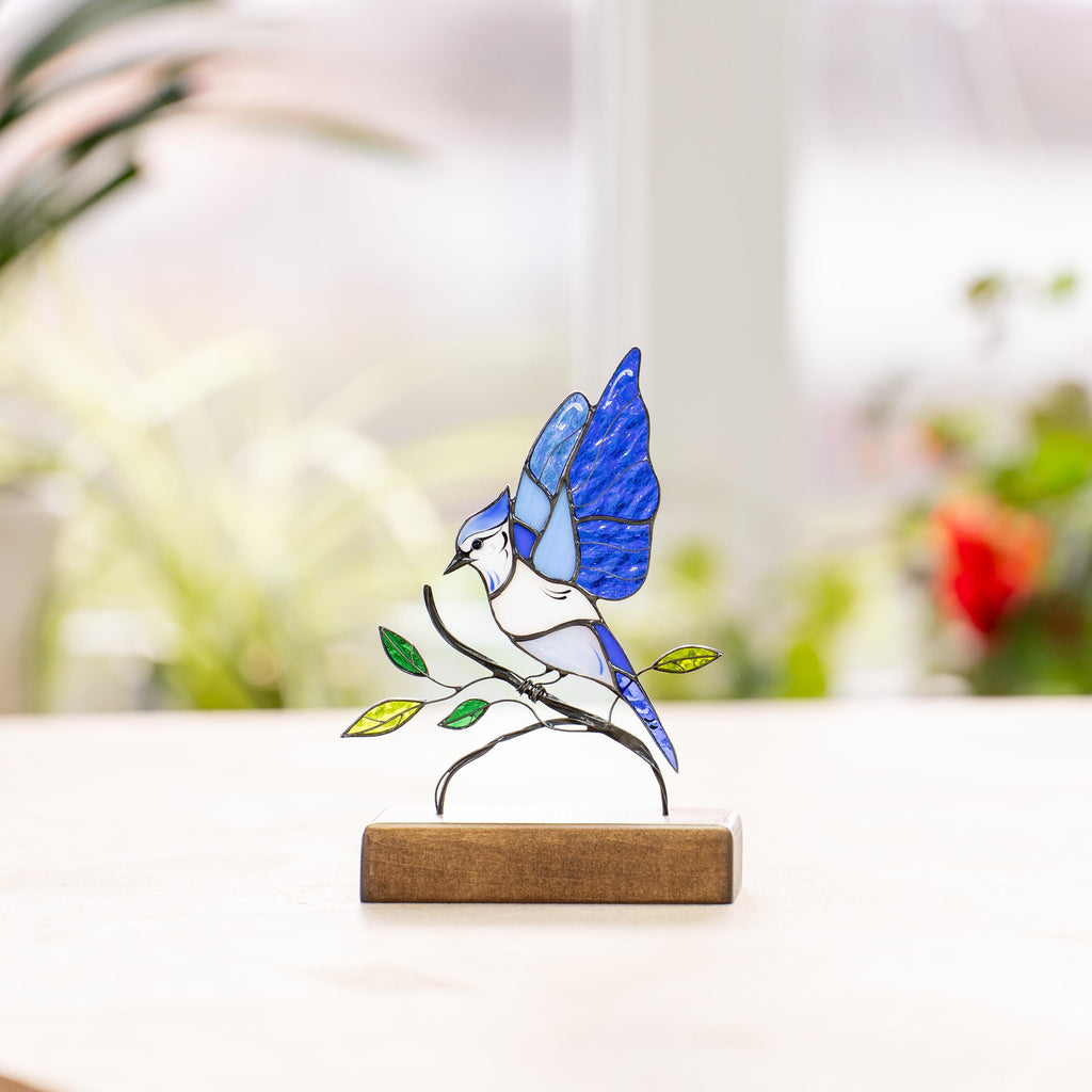 Blue Jay Stained glass art Gift for grandma Custom stained glass panel Custom suncatcher Desk accessories Best friend gifts