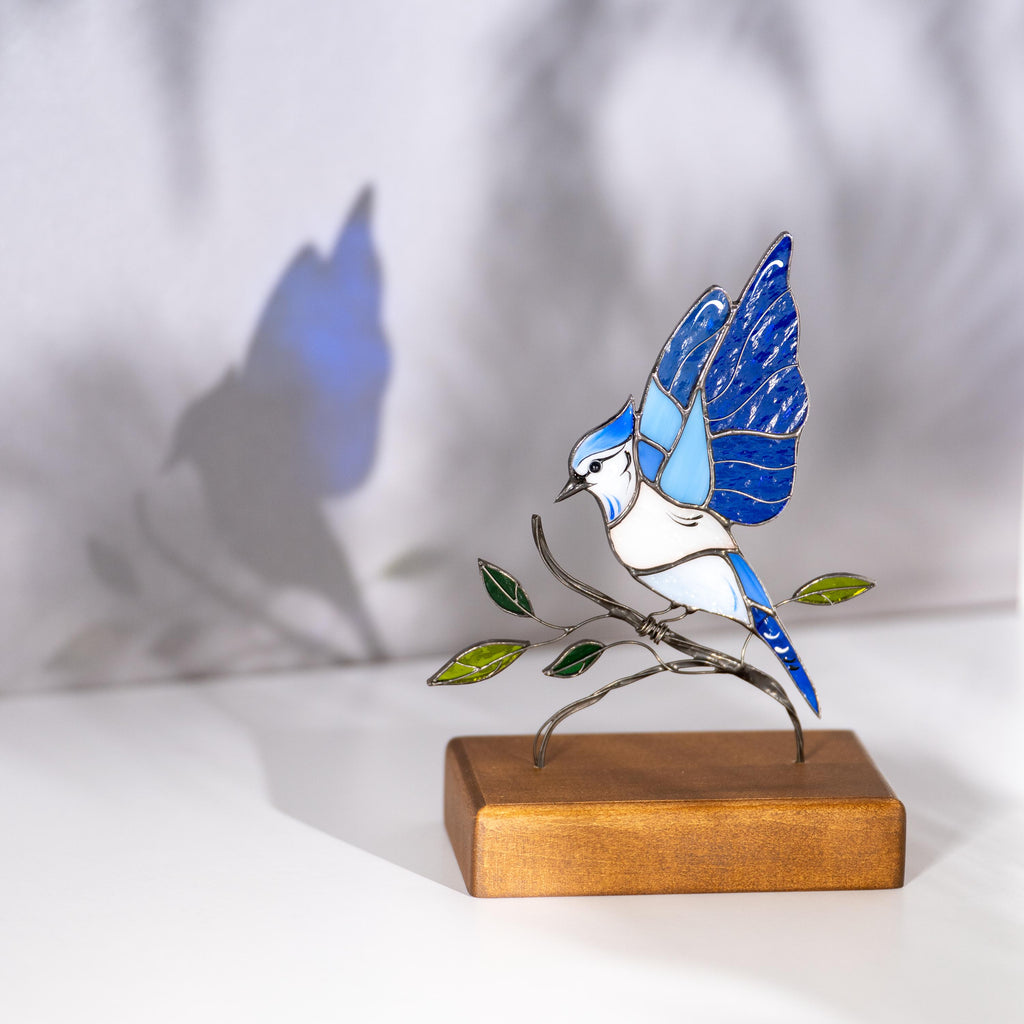 Blue Jay Stained glass art Gift for grandma Custom stained glass panel Custom suncatcher Desk accessories Best friend gifts